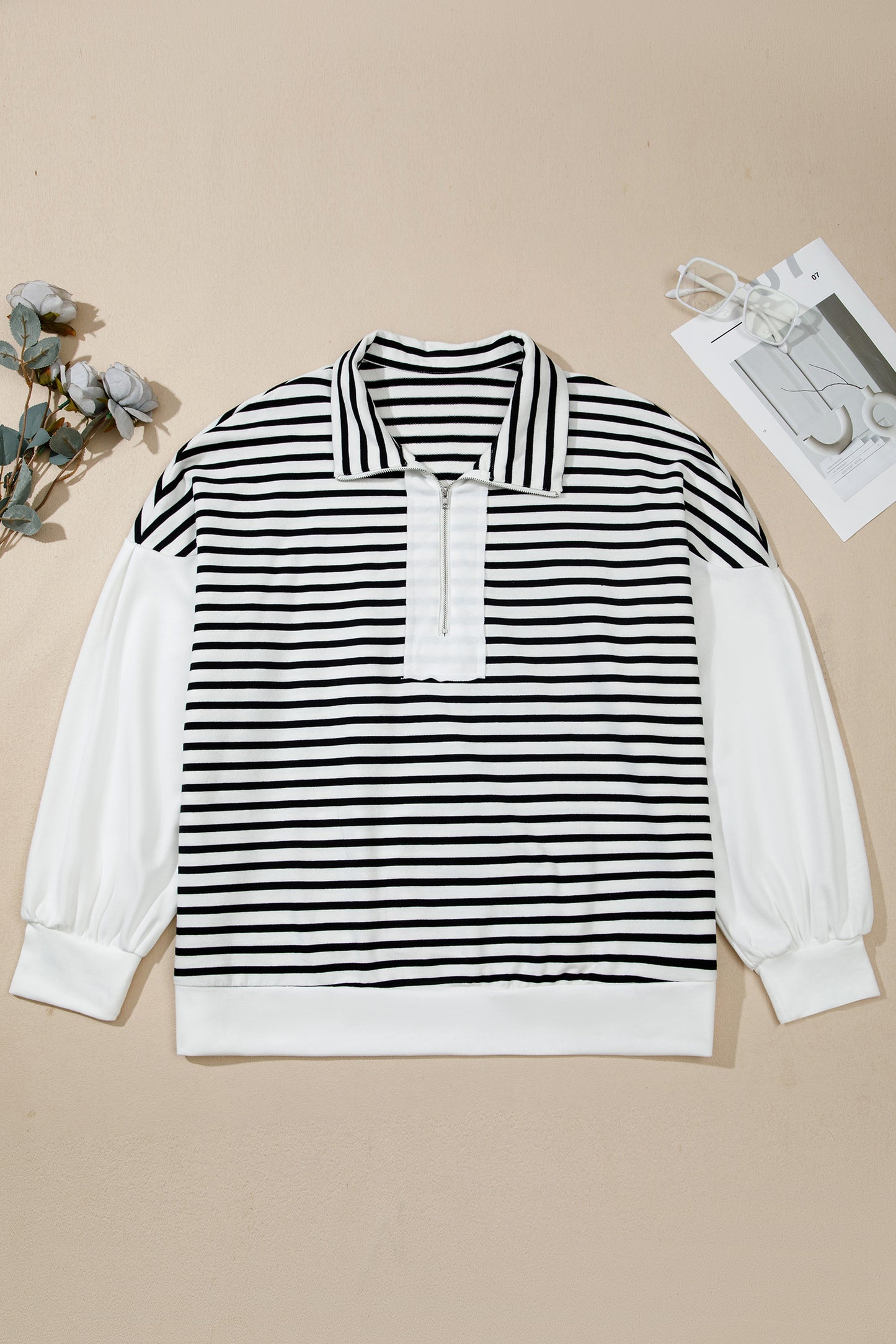 White Stripe Striped Colorblock V Neck Long Sleeve Shift Plus Size Blouse-Plus Size/Plus Size Tops/Plus Size Long Sleeve Tops-[Adult]-[Female]-2022 Online Blue Zone Planet