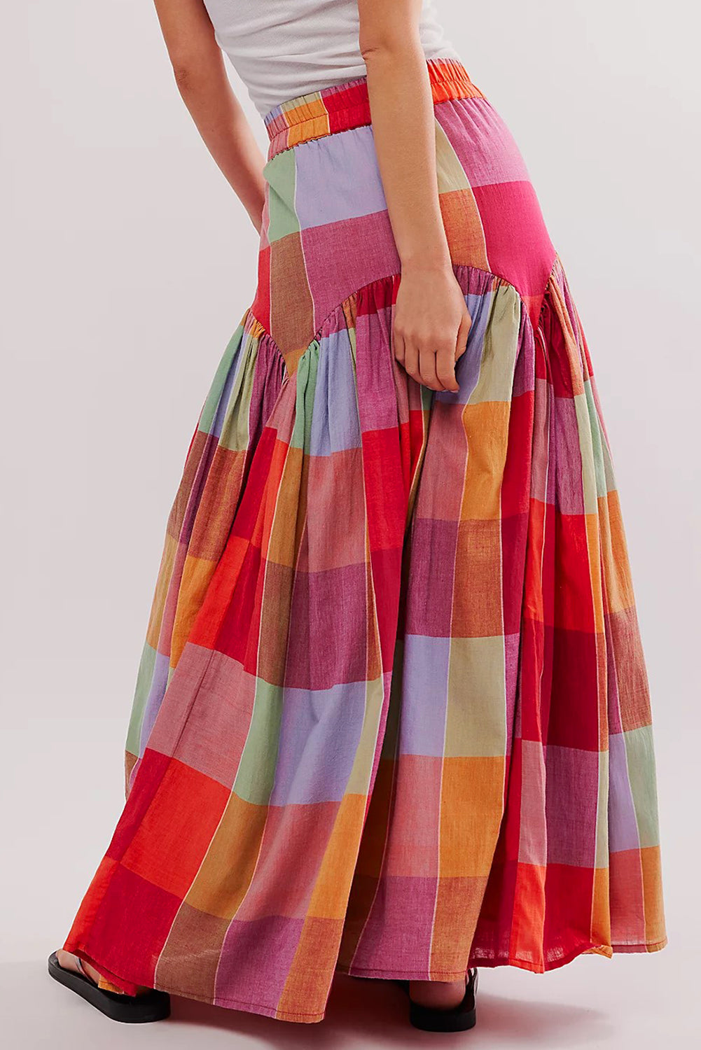 Blue Zone Planet | Multicolour Plaid Print Ruched High Waist Casual Maxi Skirt-Bottoms/Skirts & Petticoat-[Adult]-[Female]-2022 Online Blue Zone Planet