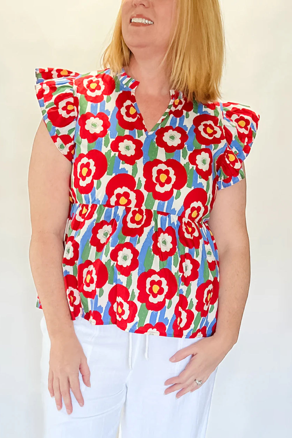 Red Plus Size Floral Print Ruffle Trim Split Neck Peplum Top-Plus Size/Plus Size Tops/Plus Size Blouses & Shirts-[Adult]-[Female]-Red-1X-2022 Online Blue Zone Planet