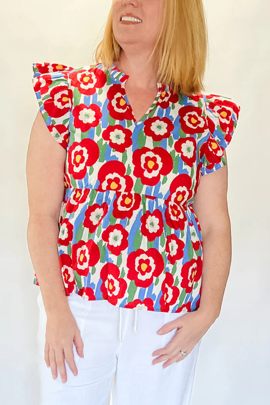 Red Plus Size Floral Print Ruffle Trim Split Neck Peplum Top-Plus Size/Plus Size Tops/Plus Size Blouses & Shirts-[Adult]-[Female]-Red-1X-2022 Online Blue Zone Planet