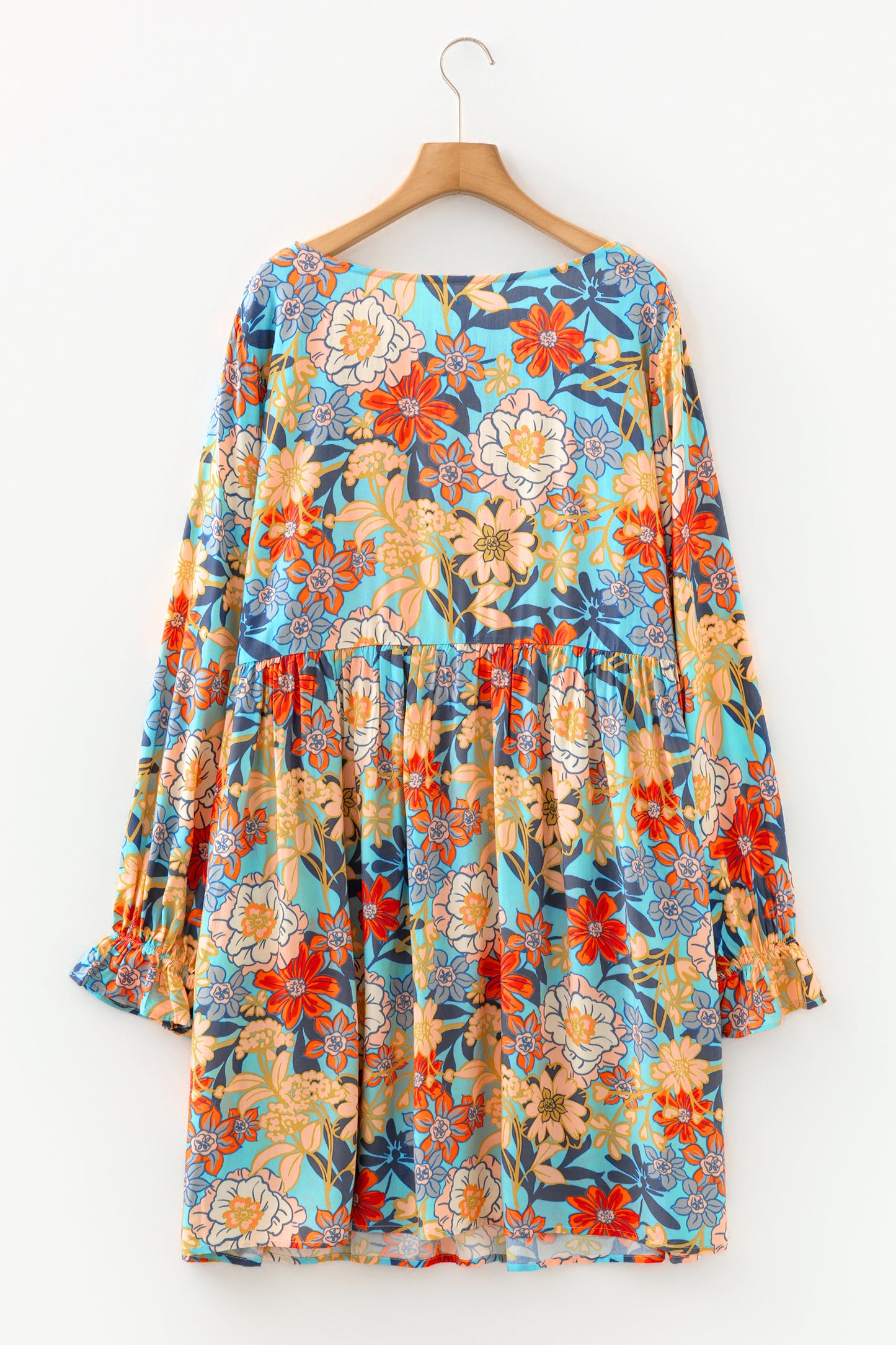 Blue Plus Size Floral Ruffled Long Sleeve Flowy Mini Dress-TOPS / DRESSES-[Adult]-[Female]-2022 Online Blue Zone Planet