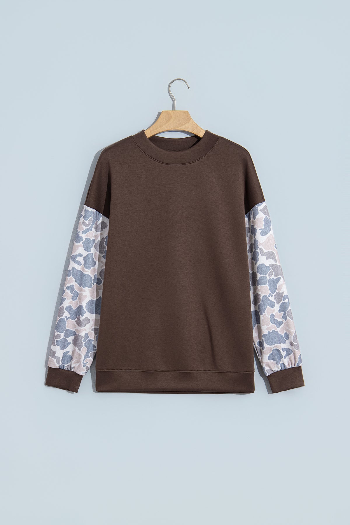 Coffee Camouflage Sleeve Crewneck Baggy Pullover Sweatshirt-Tops/Sweatshirts & Hoodies-[Adult]-[Female]-2022 Online Blue Zone Planet