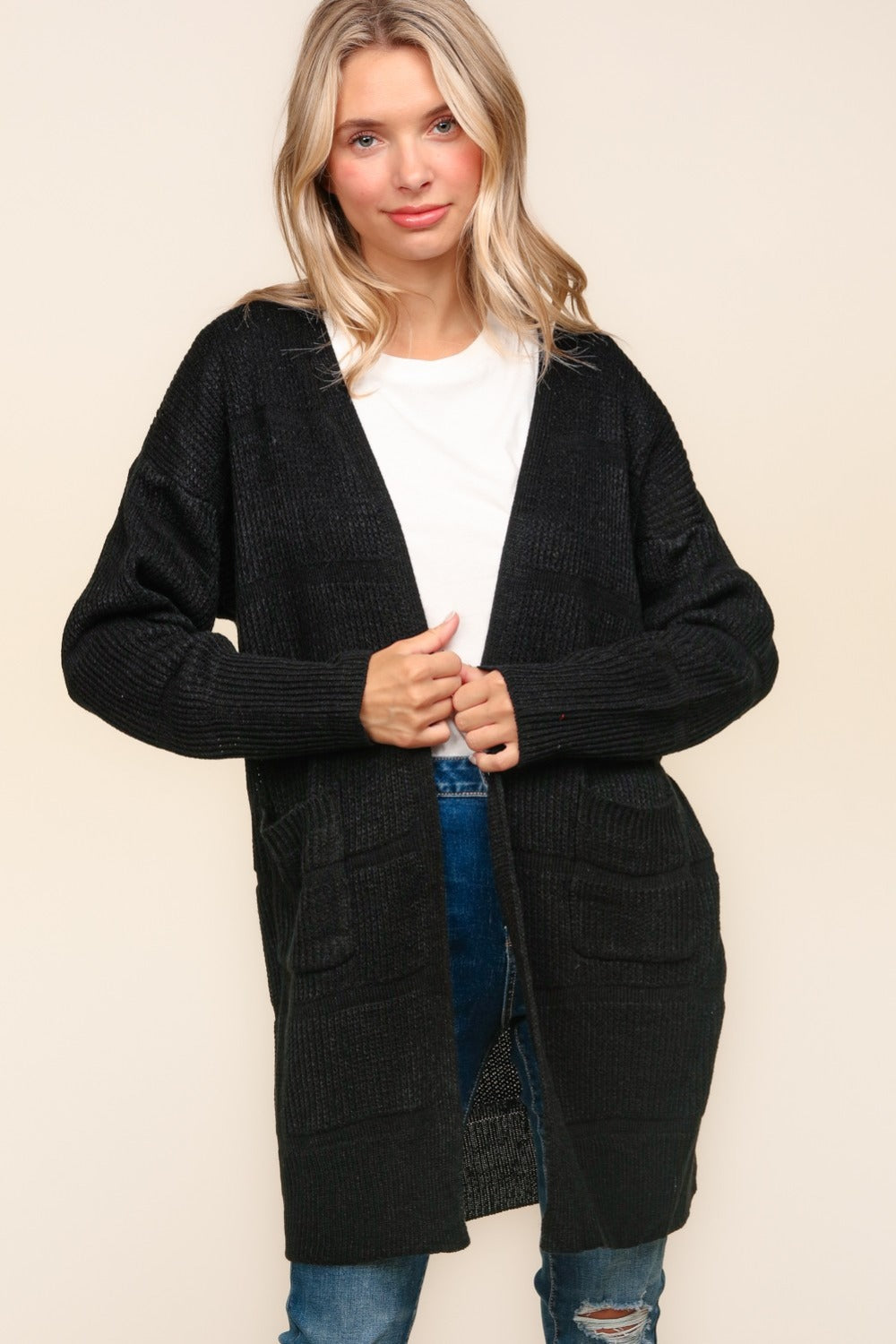 Haptics Stripe Textured Open Front Cardigan with Pockets-TOPS / DRESSES-[Adult]-[Female]-Black-S-2022 Online Blue Zone Planet