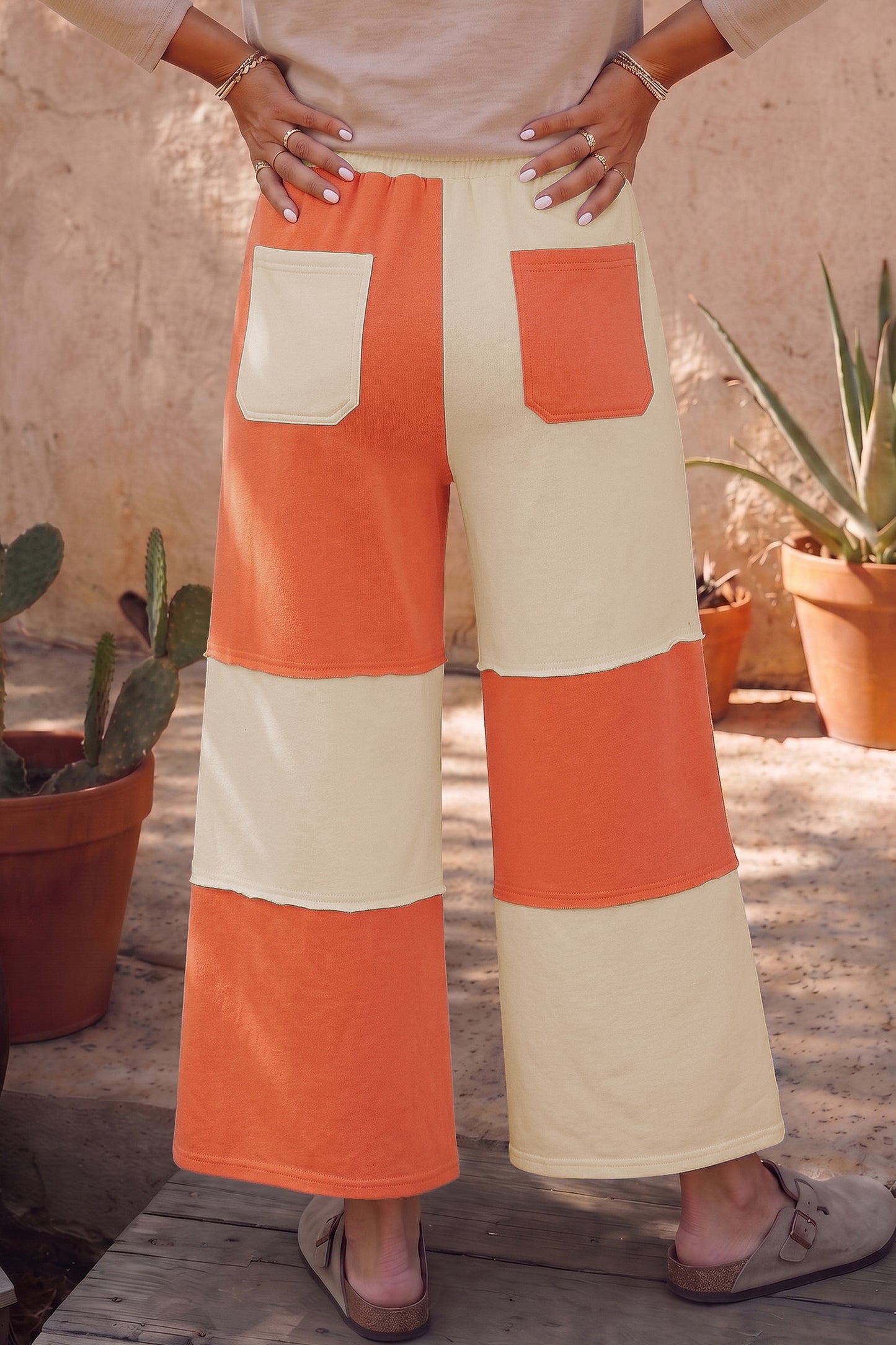 Russet Orange Raw Seam Colorblock Wide Leg Ankle Length Casual Pants
