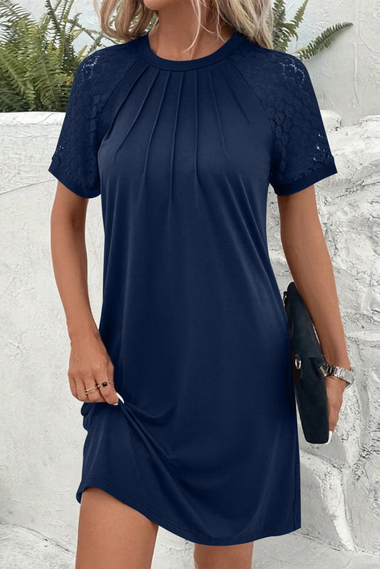 Navy Blue Contrast Lace Raglan Sleeve Pleated Detail Shift Dress-Dresses/T Shirt Dresses-[Adult]-[Female]-Navy Blue-S-2022 Online Blue Zone Planet