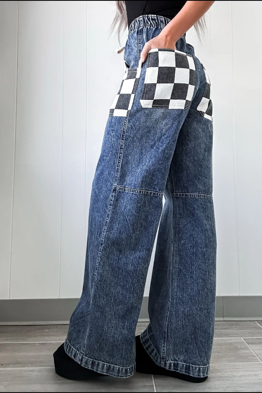 Checkered Wide Leg Jeans-BOTTOM SIZES SMALL MEDIUM LARGE-[Adult]-[Female]-2022 Online Blue Zone Planet