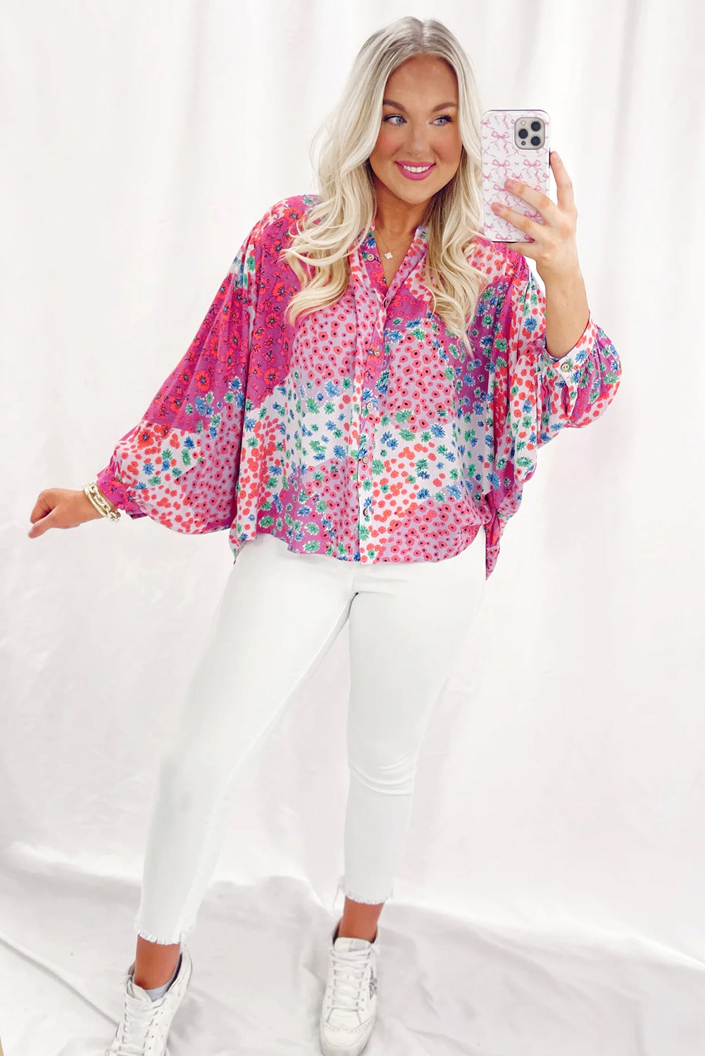 Rose Red Floral Allover Print Buttoned V Neck Oversized Shirt-Tops/Blouses & Shirts-[Adult]-[Female]-2022 Online Blue Zone Planet