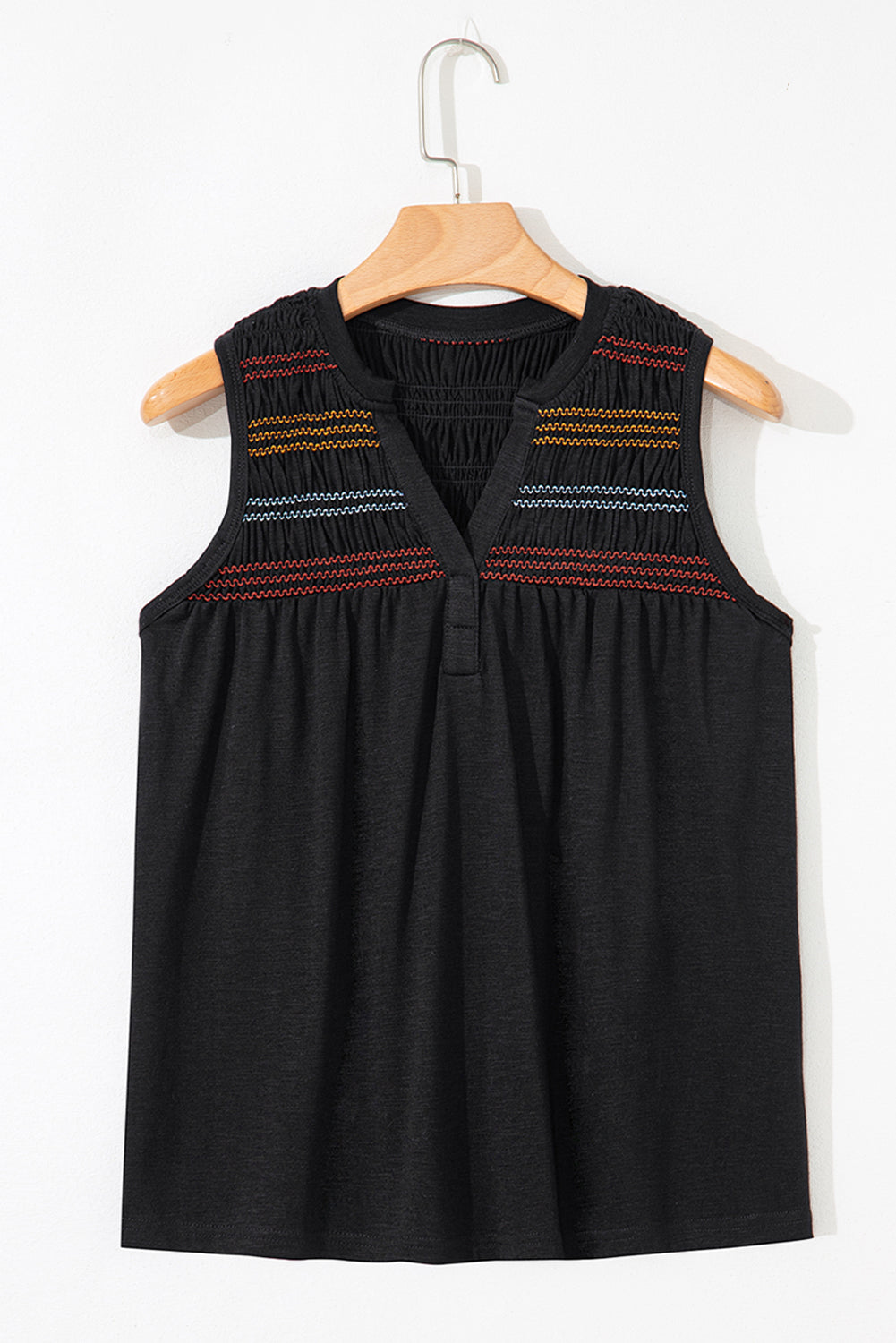 Black Colorful Shirred Yoke Notched V Neck Tank Top-Tops/Tank Tops-[Adult]-[Female]-2022 Online Blue Zone Planet