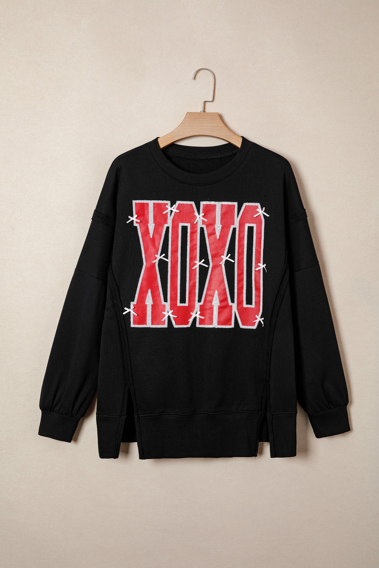 Black Bow Sequin XOXO Letter Graphic Exposed Seam Baggy Sweatshirt-Tops/Sweatshirts & Hoodies-[Adult]-[Female]-2022 Online Blue Zone Planet