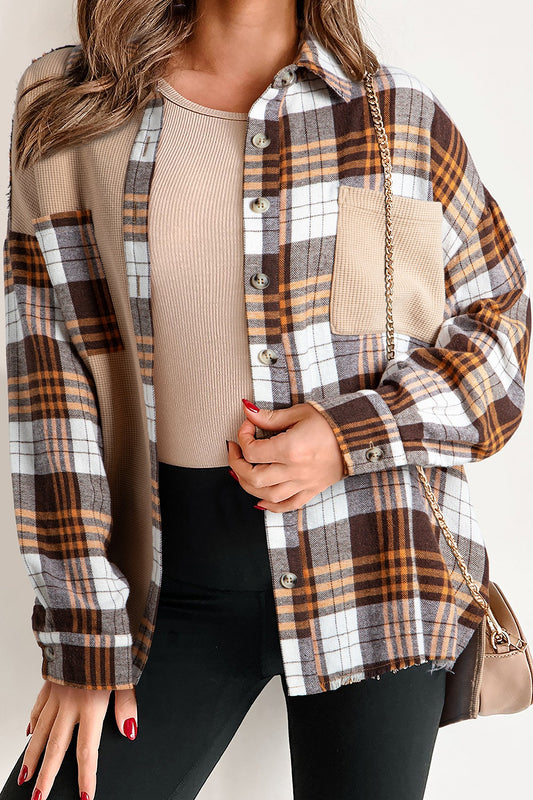 Plaid Button Up Long Sleeve Shacket-TOPS / DRESSES-[Adult]-[Female]-Khaki-S-2022 Online Blue Zone Planet