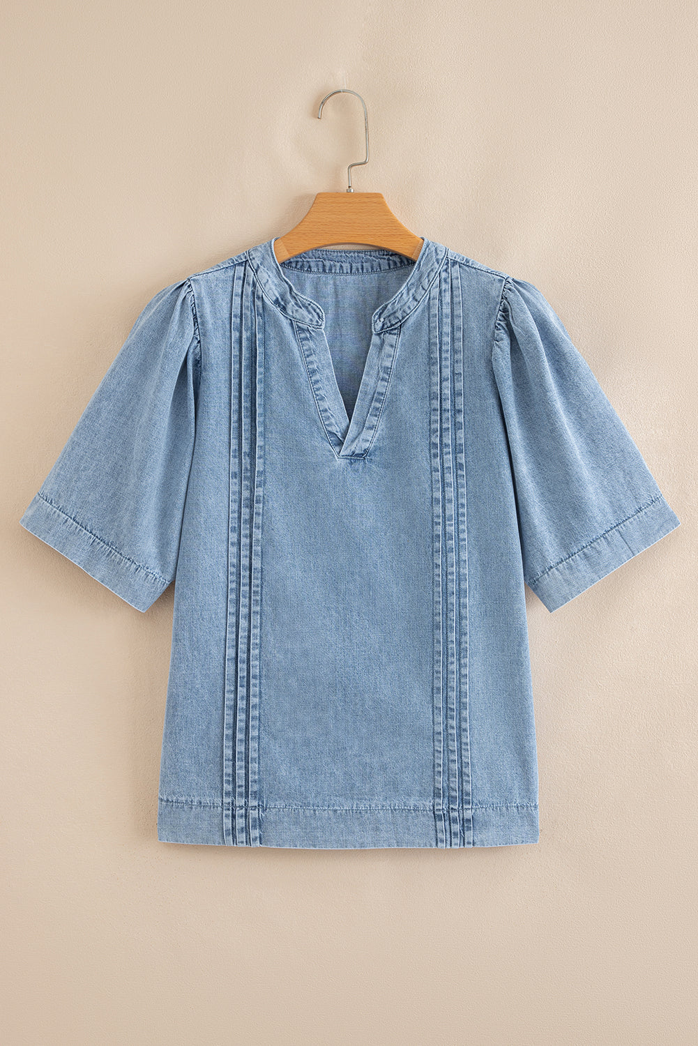 Myosotis Pintuck Pleats Puff Sleeve Split V Neck Summer Denim Top-Tops/Tops & Tees-[Adult]-[Female]-2022 Online Blue Zone Planet