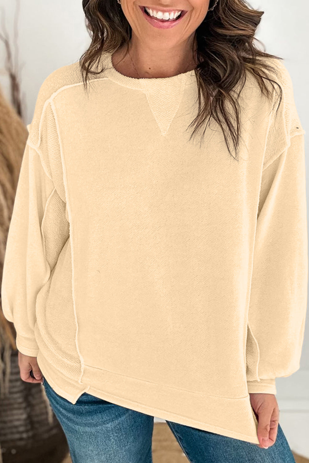 Mint Green Splicing Round Neck Pullover Sweatshirt-Tops/Sweatshirts & Hoodies-[Adult]-[Female]-Beige-S-2022 Online Blue Zone Planet