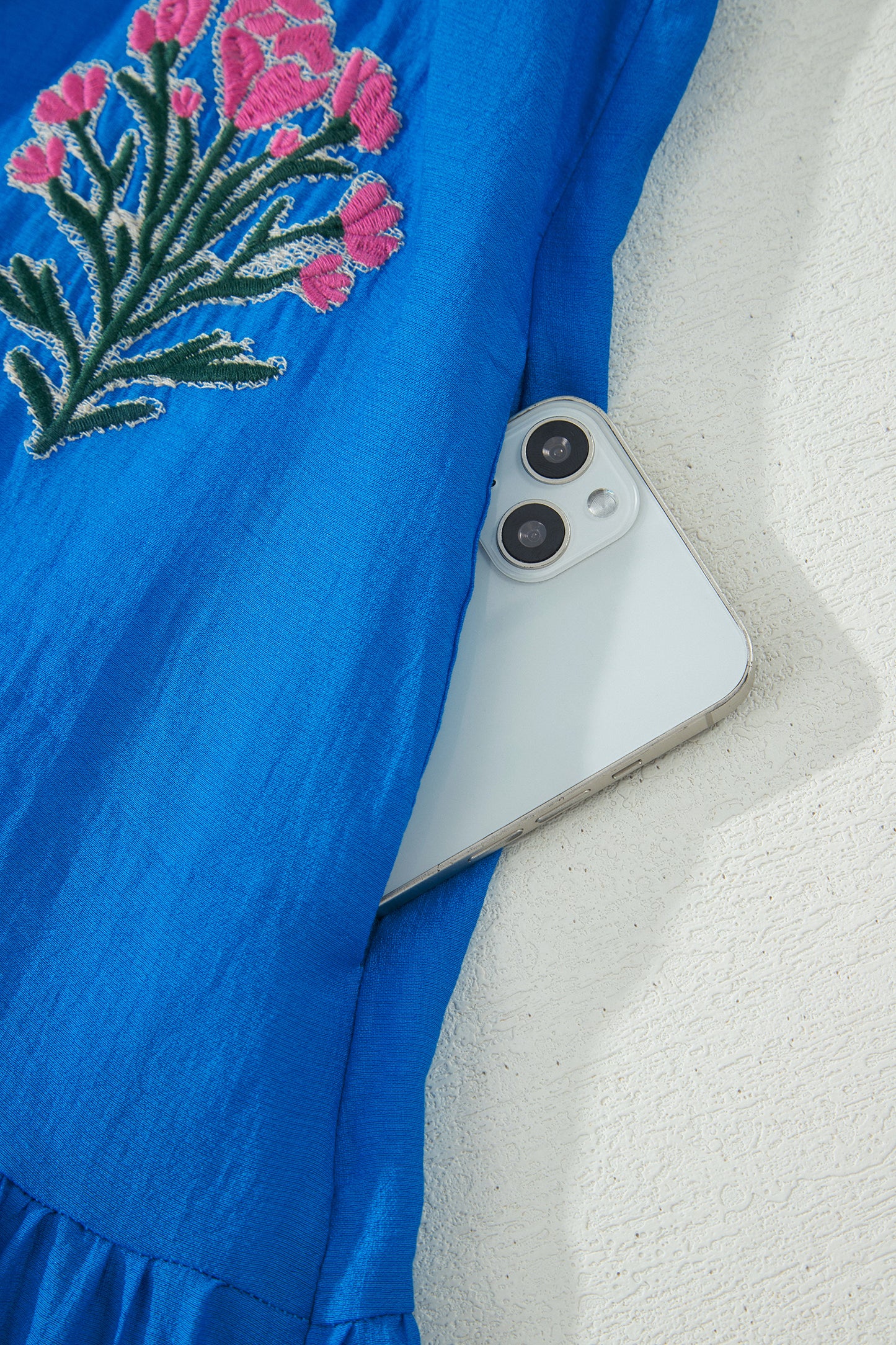Blue Flower Embroidered Split Neck Short Puff Sleeve Ruffle Hem Dress-TOPS / DRESSES-[Adult]-[Female]-2022 Online Blue Zone Planet