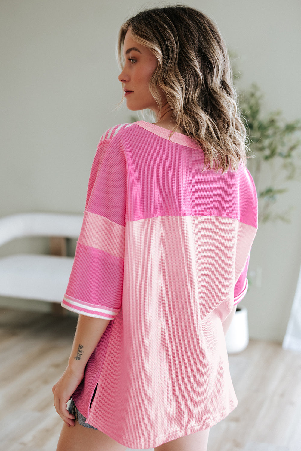 Pink Stripe Color Block Patchwork Loose Half Sleeve T Shirt-Tops/Tops & Tees-[Adult]-[Female]-2022 Online Blue Zone Planet