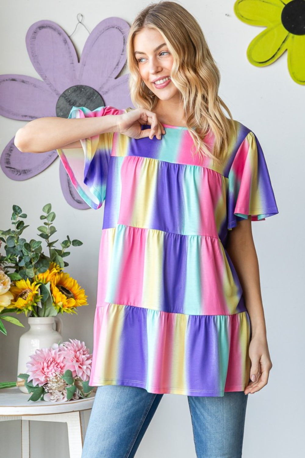 Blue Zone Planet | Heimish Full Size Short Sleeve Striped Tiered Top-TOPS / DRESSES-[Adult]-[Female]-2022 Online Blue Zone Planet