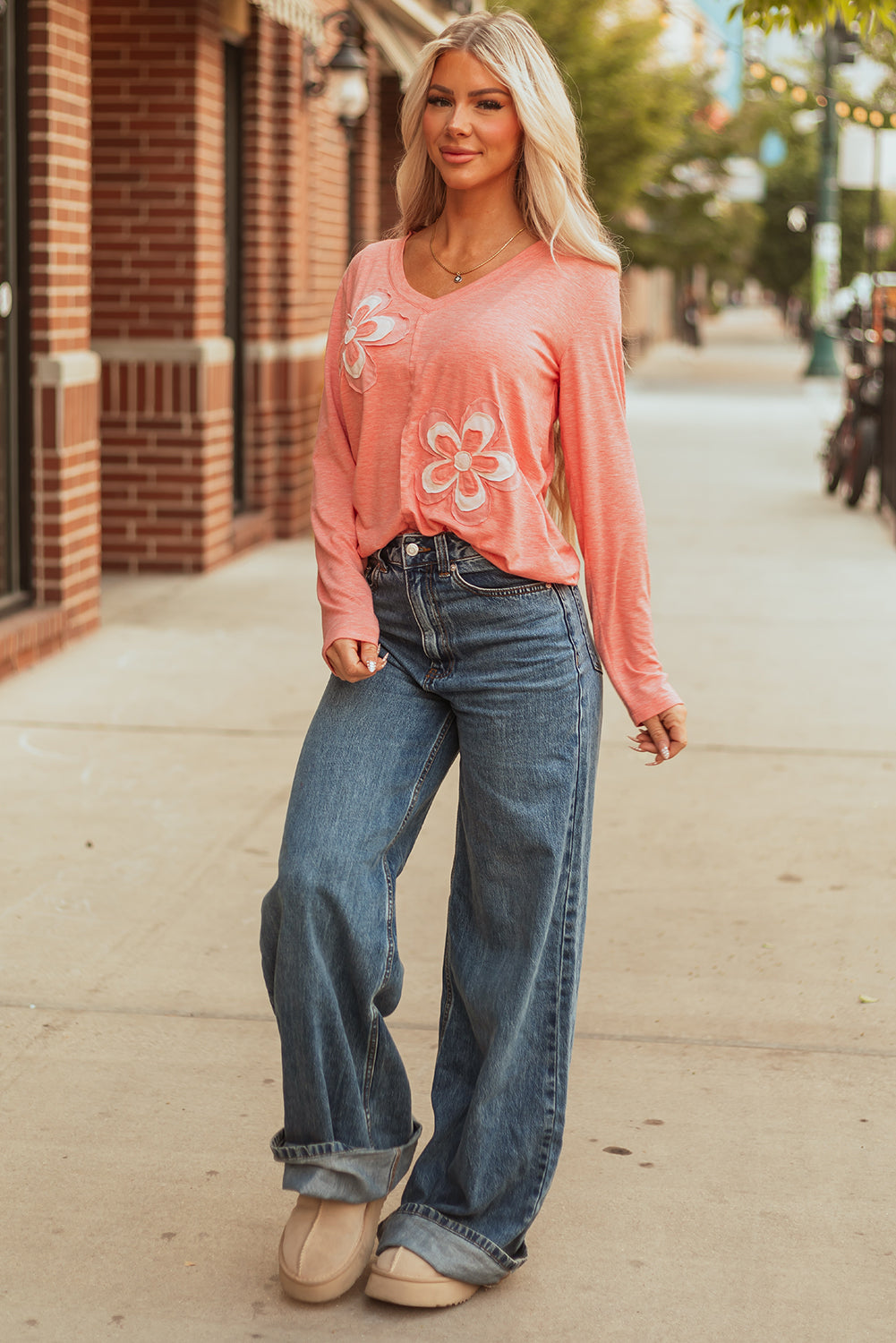 Fresh Salmon Floral Patchwork V Neck Long Sleeve T Shirt-Tops/Long Sleeve Tops-[Adult]-[Female]-2022 Online Blue Zone Planet