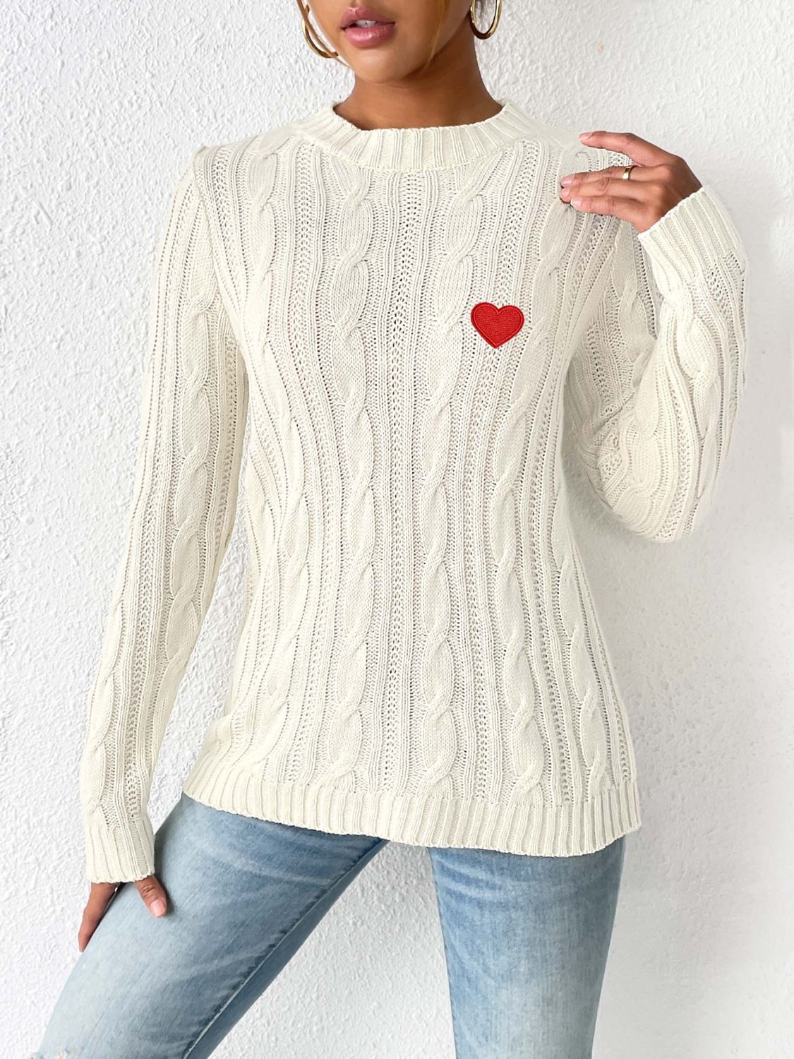 Blue Zone Planet | Cable-Knit Heart Round Neck Long Sleeve Sweater-TOPS / DRESSES-[Adult]-[Female]-2022 Online Blue Zone Planet