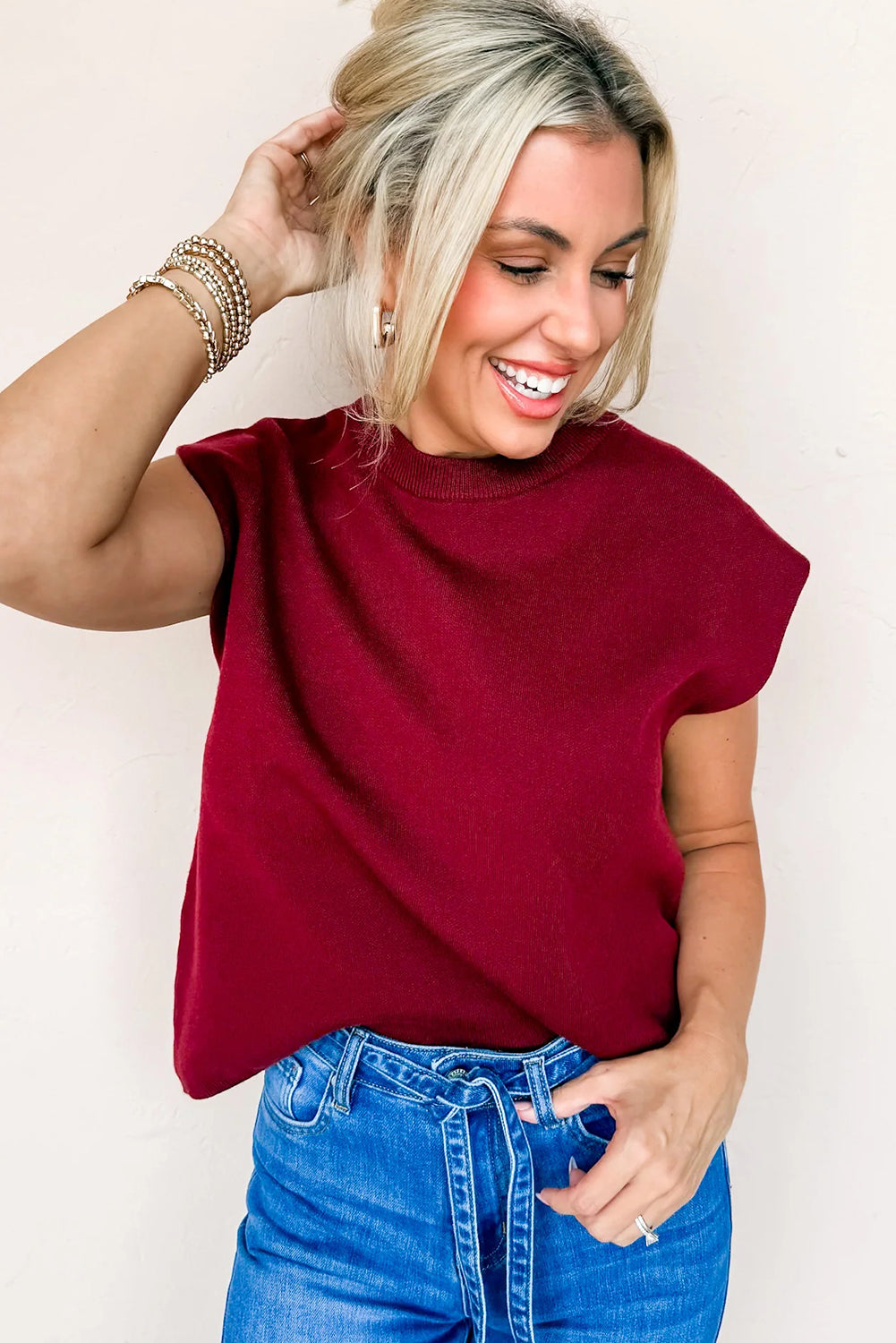 Racing Red Solid Color Crew Neck Knit Cap Sleeve Sweater-TOPS / DRESSES-[Adult]-[Female]-2022 Online Blue Zone Planet