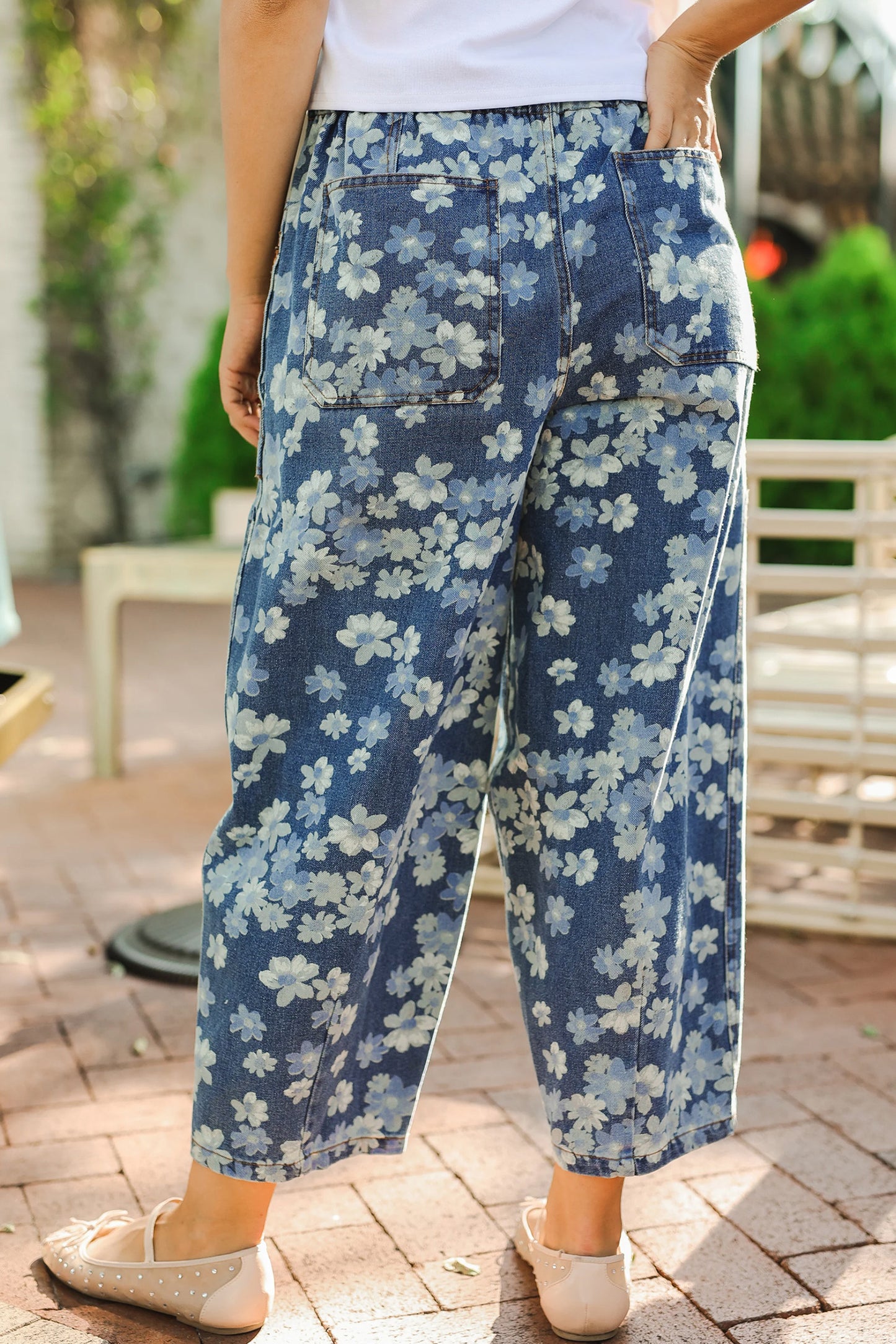 Sky Blue Dainty Floral Printed Drawstring Barrel Jeans-Bottoms/Jeans-[Adult]-[Female]-2022 Online Blue Zone Planet