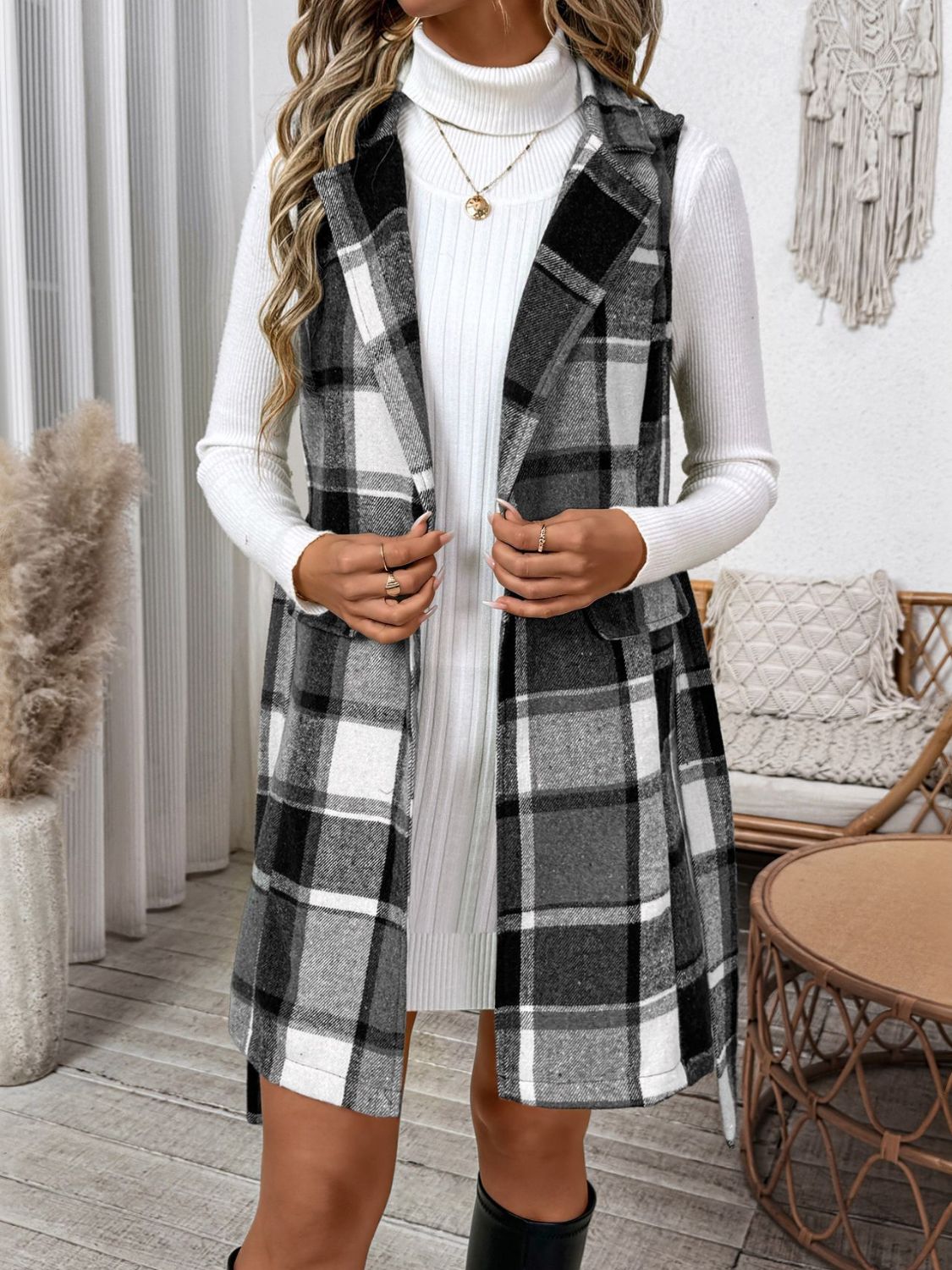 Perfee Tied Plaid Vest Coat-TOPS / DRESSES-[Adult]-[Female]-Dark Gray-S-2022 Online Blue Zone Planet