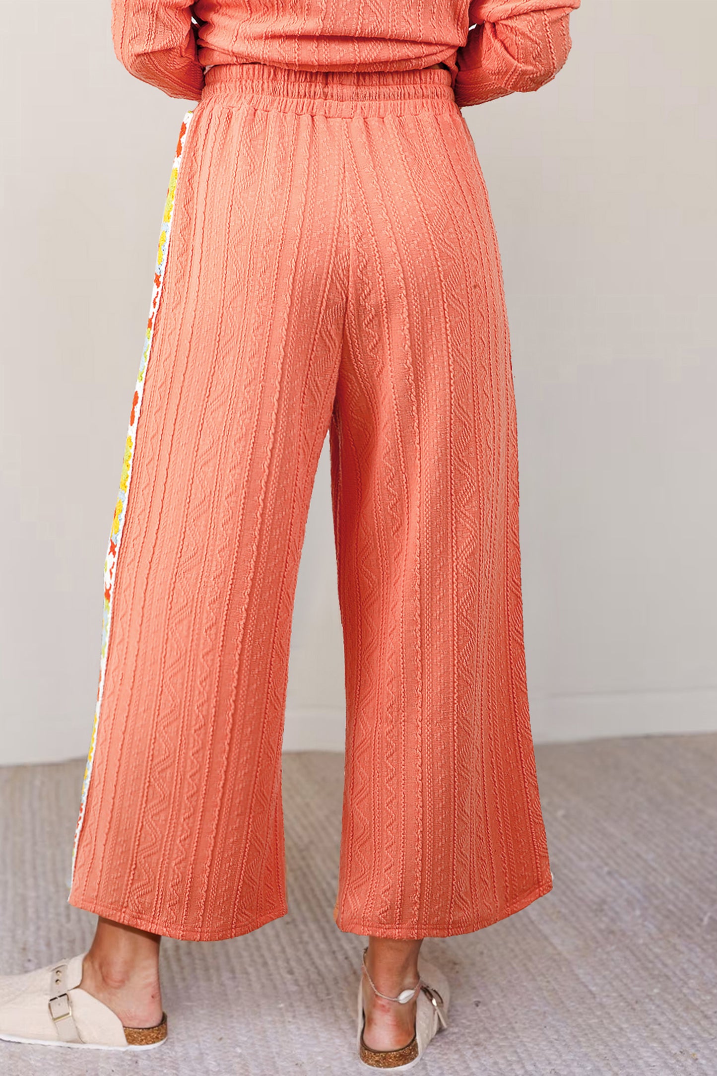 Grapefruit Orange Crochet Floral Accent V Neck Textured Pants Set-Two Piece Sets/Pant Sets-[Adult]-[Female]-2022 Online Blue Zone Planet