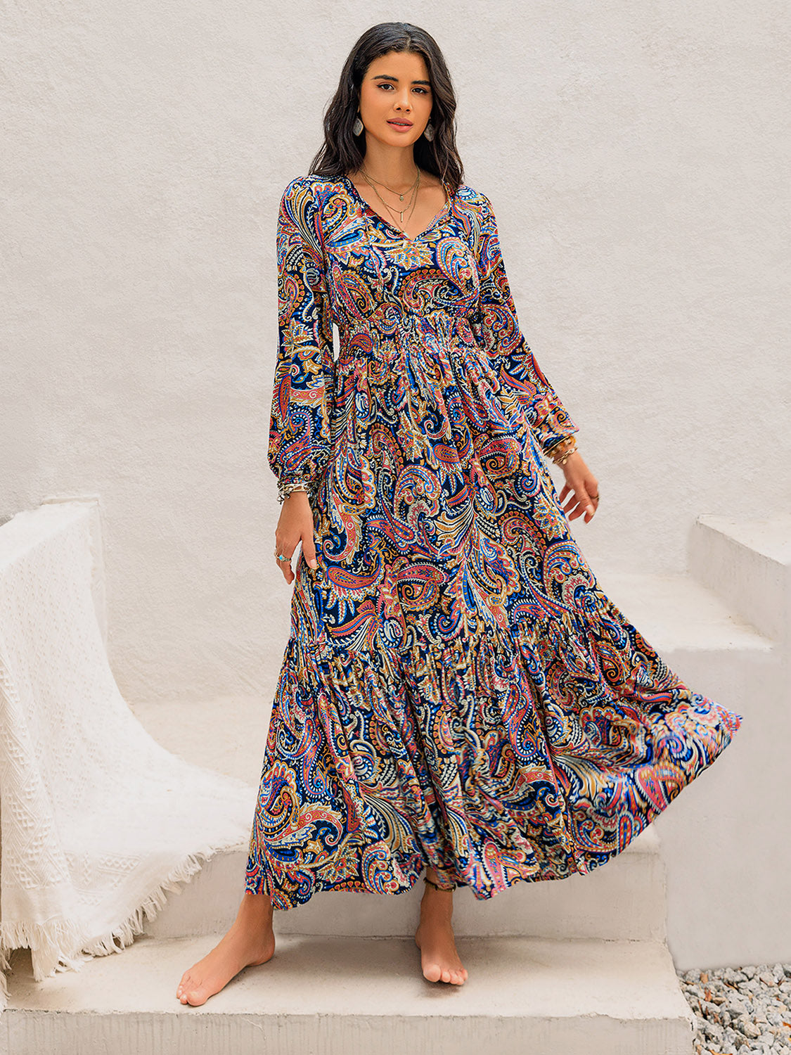 Printed Tie Neck Long Sleeve Midi Dress-TOPS / DRESSES-[Adult]-[Female]-Multicolor-S-2022 Online Blue Zone Planet