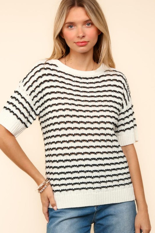 Haptics Openwork Striped Round Neck Half Sleeve Knit Top-TOPS / DRESSES-[Adult]-[Female]-Ivory/Black-S-2022 Online Blue Zone Planet