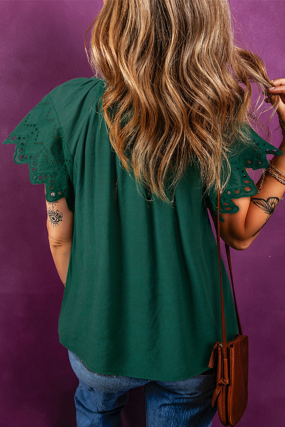 Green Bay Eyelet Embroidered Sleeve Tie V Neck Blouse-Tops/Blouses & Shirts-[Adult]-[Female]-2022 Online Blue Zone Planet