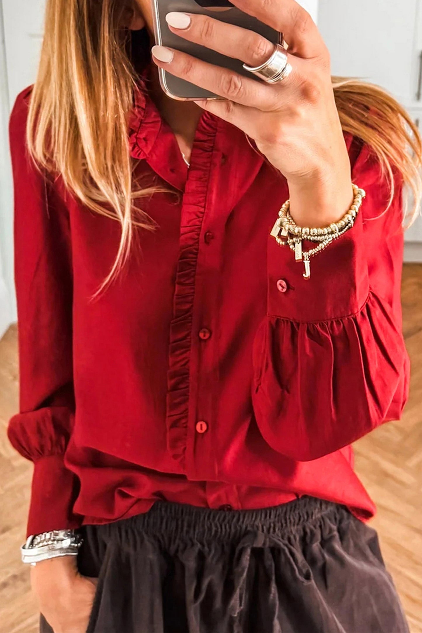 Fiery Red Frilled Trim Button Up Pleated Long Sleeve Shirt-Tops/Blouses & Shirts-[Adult]-[Female]-Fiery Red-S-2022 Online Blue Zone Planet
