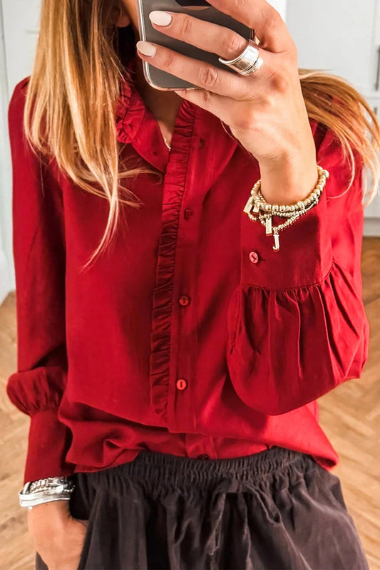 Fiery Red Frilled Trim Button Up Pleated Long Sleeve Shirt-Tops/Blouses & Shirts-[Adult]-[Female]-Fiery Red-S-2022 Online Blue Zone Planet