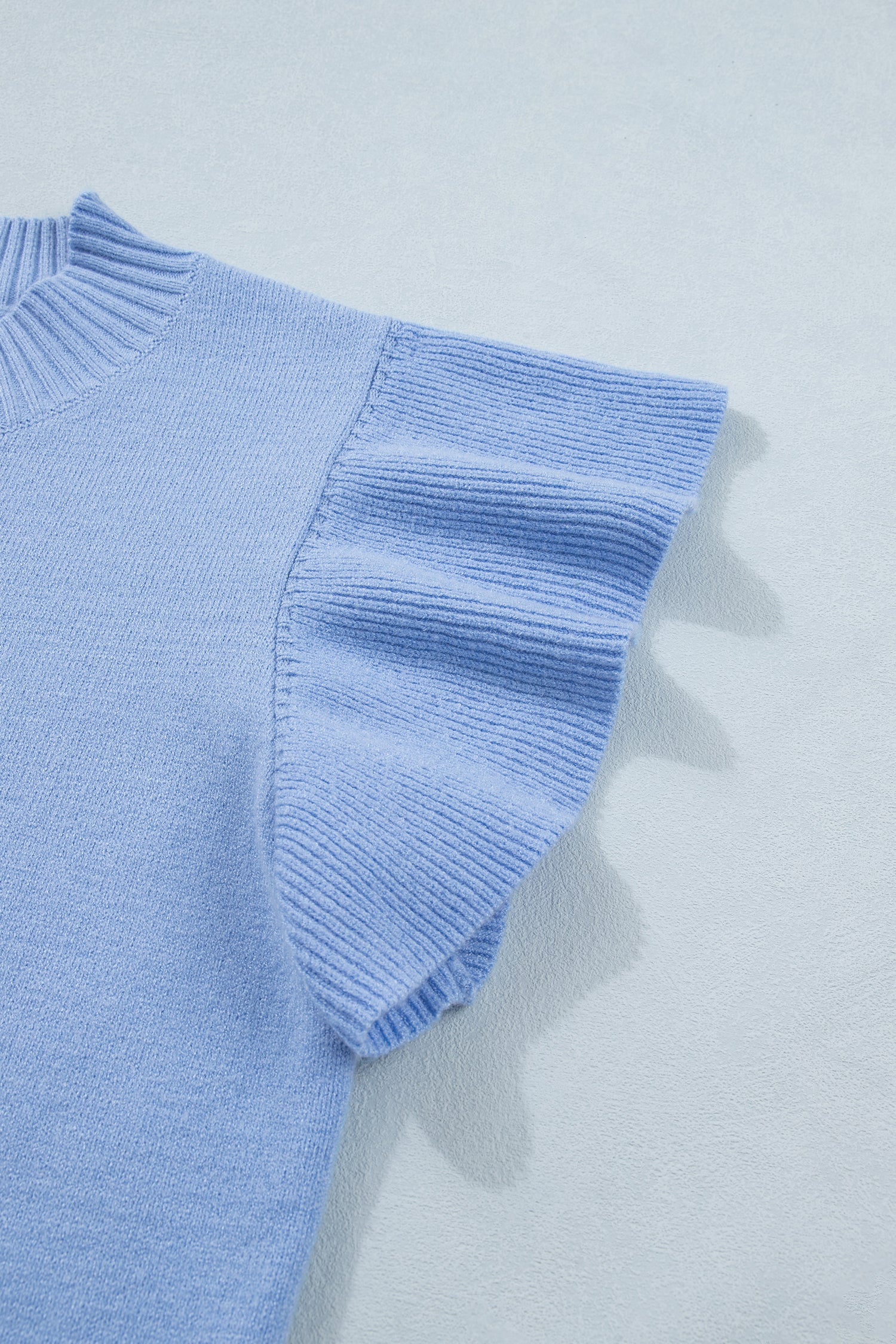 Beau Blue Solid Color Ribbed Trim Round Neck Ruffle Short Sleeve Sweater-TOPS / DRESSES-[Adult]-[Female]-2022 Online Blue Zone Planet