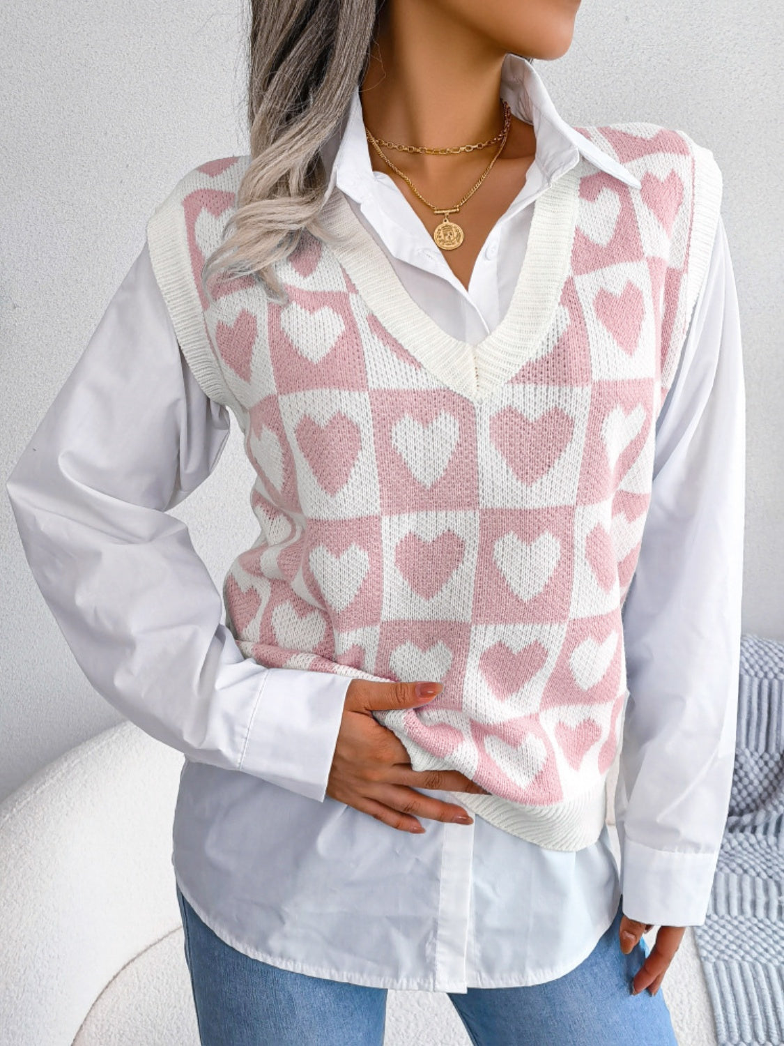 Blue Zone Planet | Heart V-Neck Sweater Vest-TOPS / DRESSES-[Adult]-[Female]-Blush Pink-S-2022 Online Blue Zone Planet