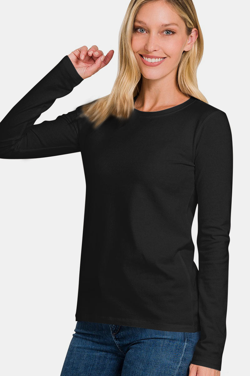 Zenana Full Size Solid Color Round Neck Long Sleeve T-Shirt-TOPS / DRESSES-[Adult]-[Female]-Black-S-2022 Online Blue Zone Planet