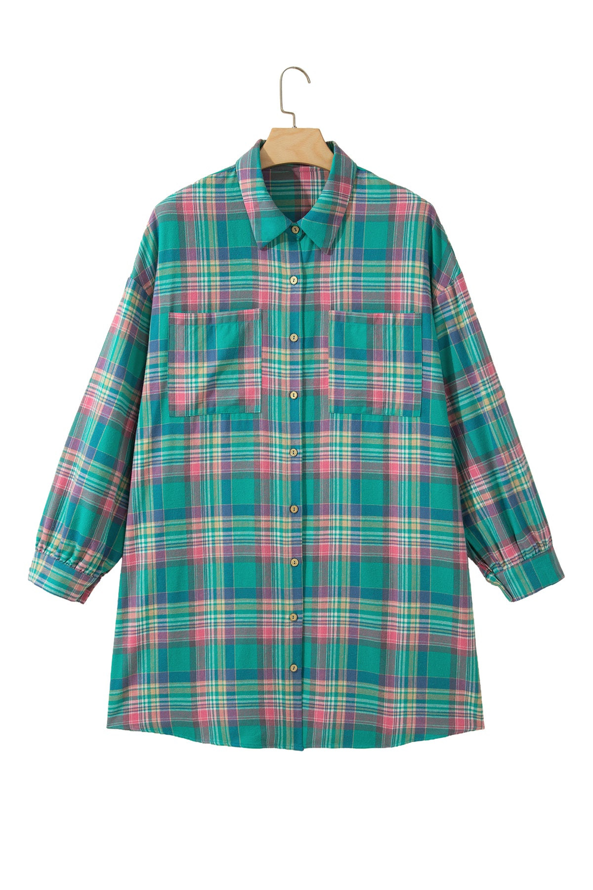 Green Plaid Button-Up Shift Long Sleeve V Neck Plus Size Dress-TOPS / DRESSES-[Adult]-[Female]-2022 Online Blue Zone Planet