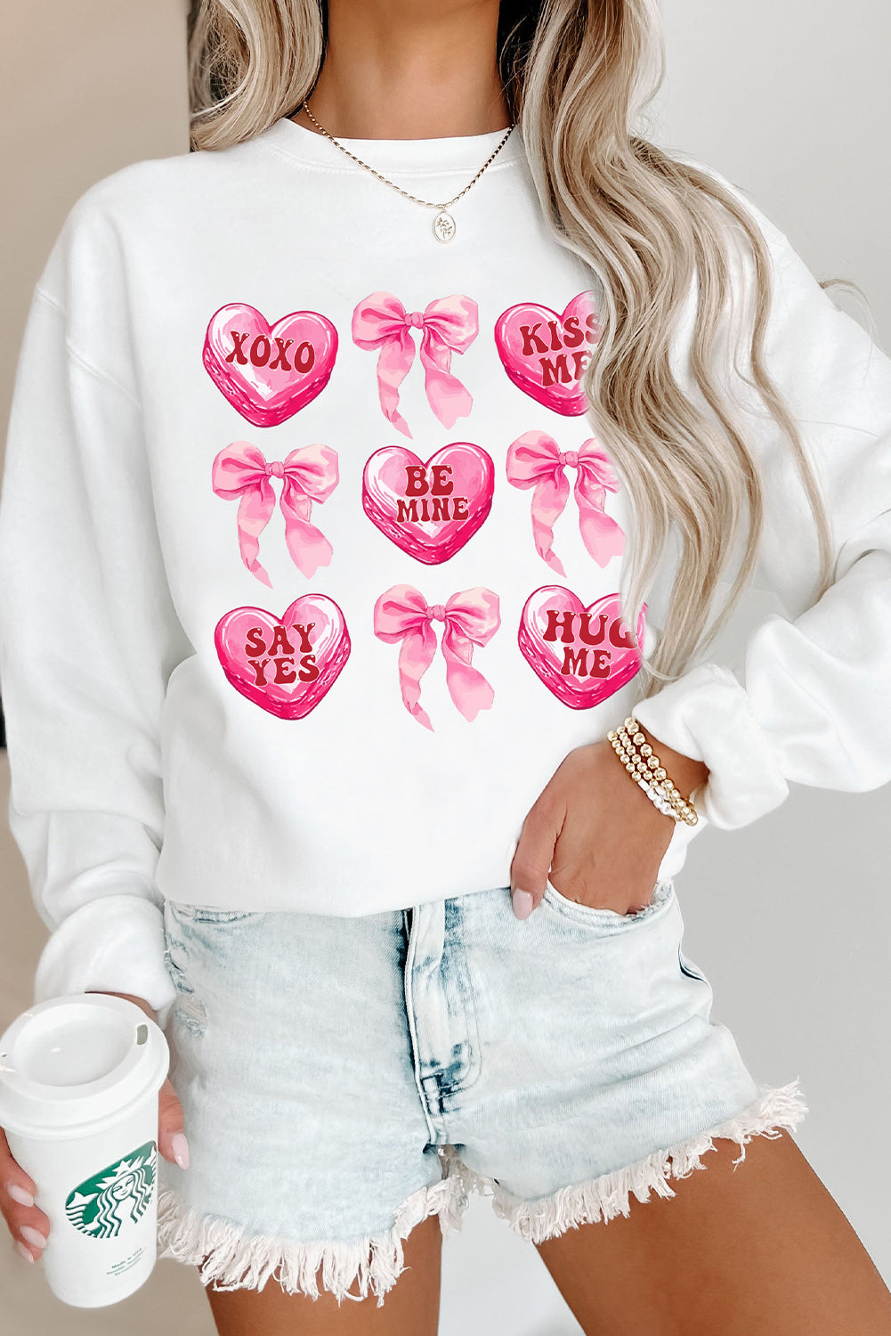 White Valentine Candy Heart & Bow Graphic Sweatshirt-Graphic Sweatshirts-[Adult]-[Female]-2022 Online Blue Zone Planet