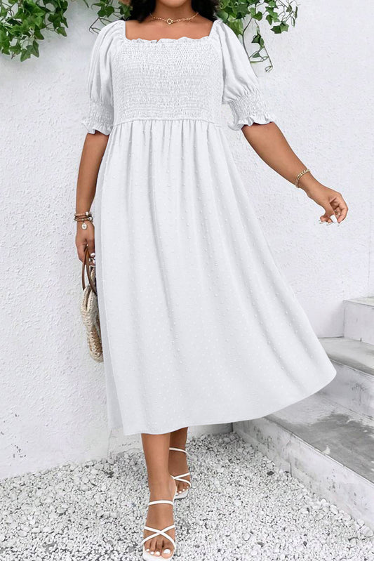 White Swiss Dot Smocked Frilled Neckline Short Sleeve Plus Size Dress-TOPS / DRESSES-[Adult]-[Female]-White-1X-2022 Online Blue Zone Planet