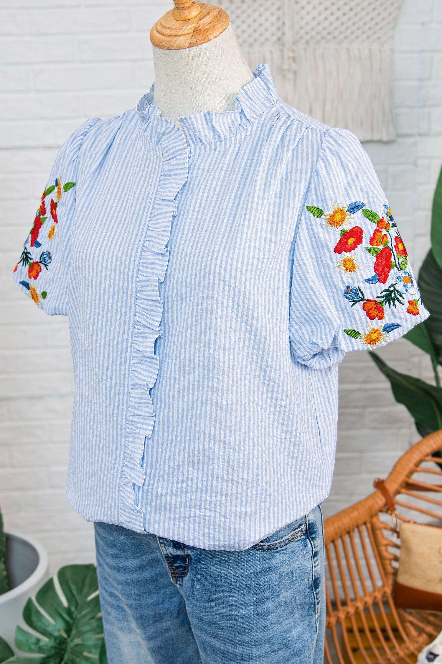Sky Blue Stripe Floral Embroidered Puff Sleeve Ruffle Trim Shirt-Tops/Blouses & Shirts-[Adult]-[Female]-2022 Online Blue Zone Planet