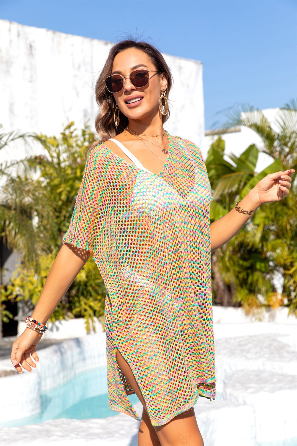 Blue Zone Planet | Slit Openwork V-Neck Short Sleeve Cover Up-TOPS / DRESSES-[Adult]-[Female]-Multicolor-One Size-2022 Online Blue Zone Planet