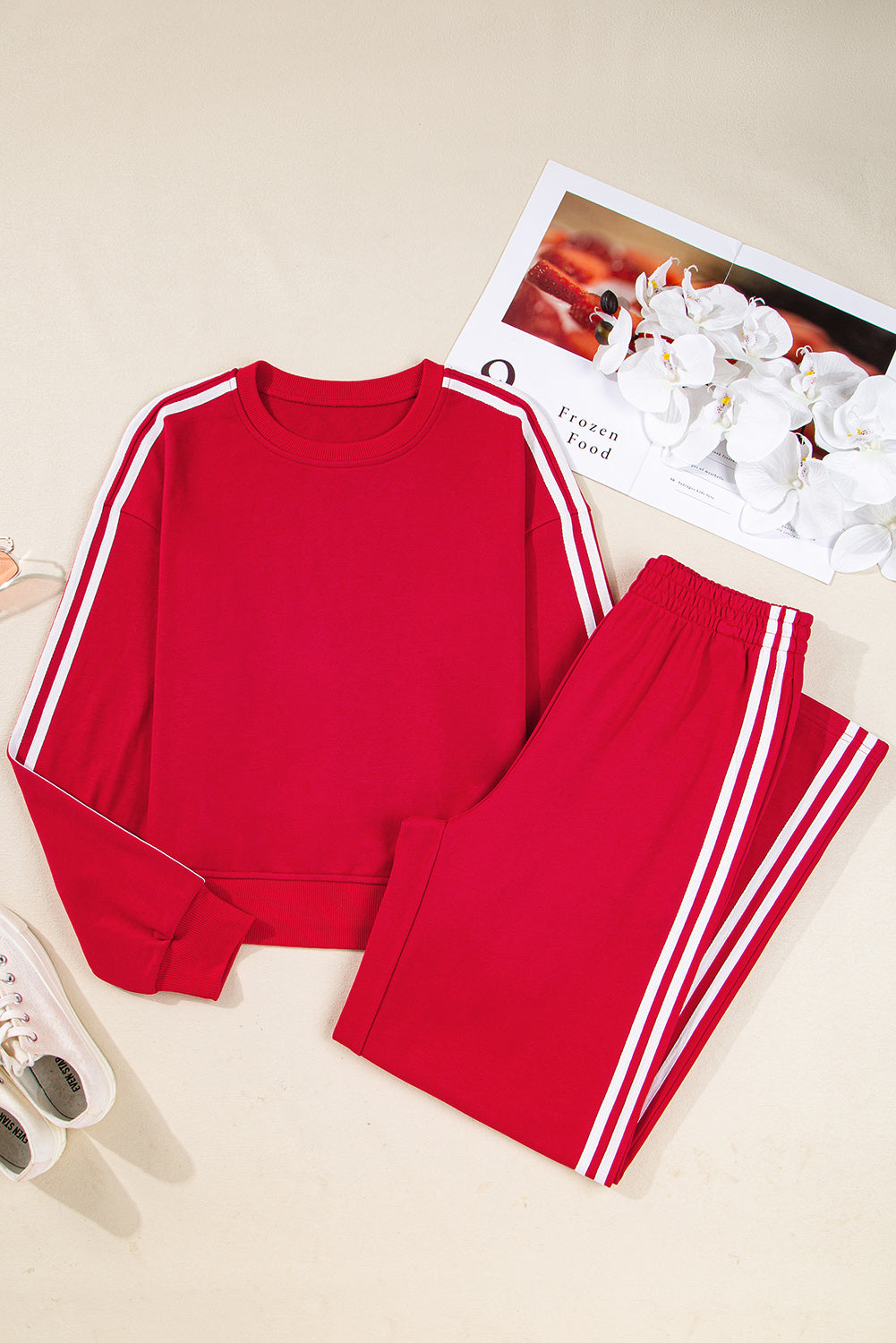 Fiery Red Varsity Striped Detail Crewneck Pullover Elastic Sweatpants 2pcs Outfit-Two Piece Sets/Pant Sets-[Adult]-[Female]-2022 Online Blue Zone Planet