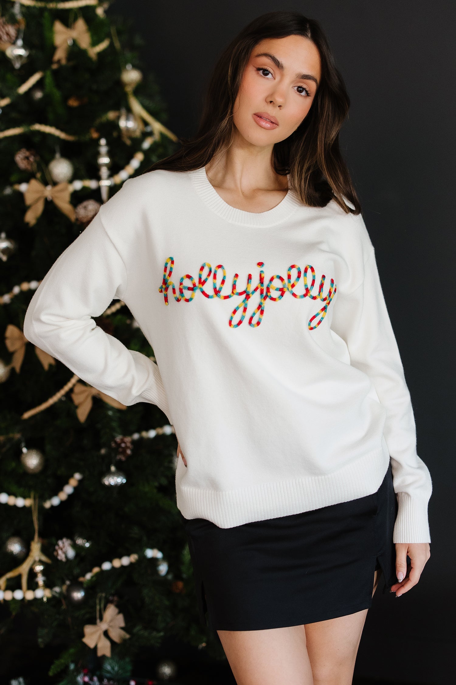 Beige Colorful Holly Jolly Christmas Knit Loose Sweater-TOPS / DRESSES-[Adult]-[Female]-2022 Online Blue Zone Planet
