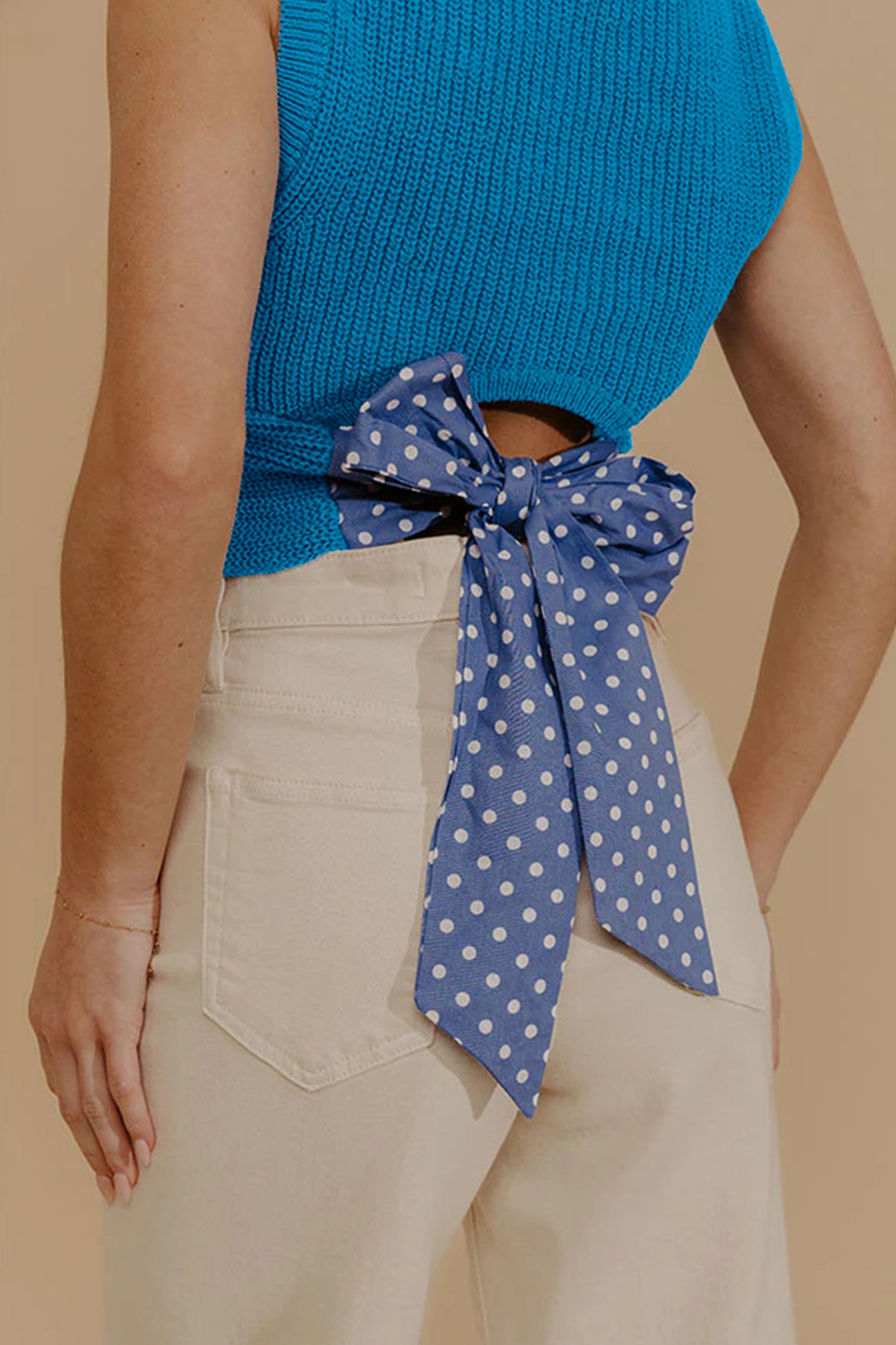 Myosotis Slim Knit Polka Dot Knot Back Cropped Sweater Tank-Sweaters & Cardigans/Sweater Vests-[Adult]-[Female]-2022 Online Blue Zone Planet
