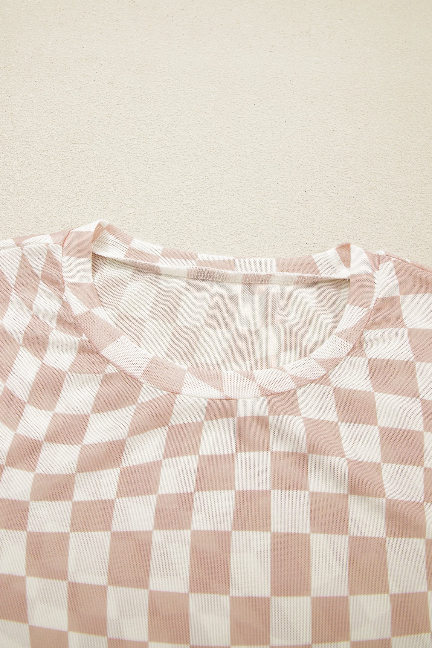 Khaki Checkered Print Mock Neck Mesh T Shirt-Tops/Tops & Tees-[Adult]-[Female]-2022 Online Blue Zone Planet