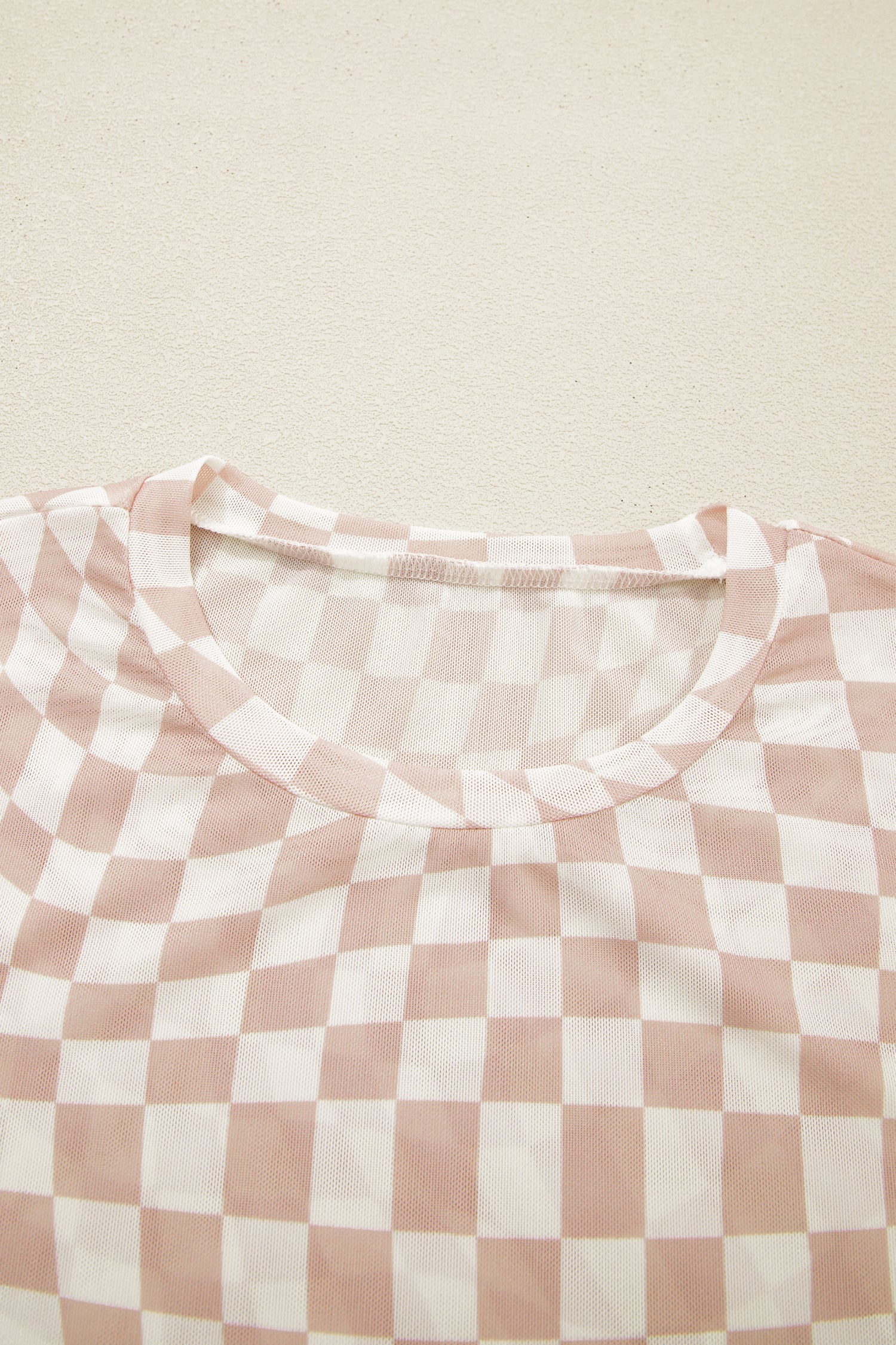 Khaki Checkered Print Mock Neck Mesh T Shirt-Tops/Tops & Tees-[Adult]-[Female]-2022 Online Blue Zone Planet