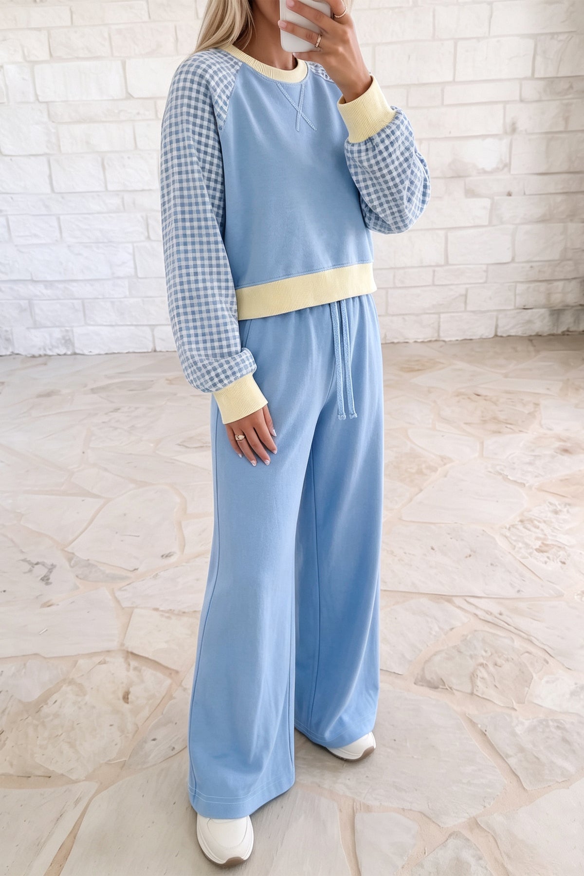 Light Blue Color Block Plaid Raglan Sleeve Patchwork Top Casual 2pcs Pants Set-Two Piece Sets/Pant Sets-[Adult]-[Female]-2022 Online Blue Zone Planet