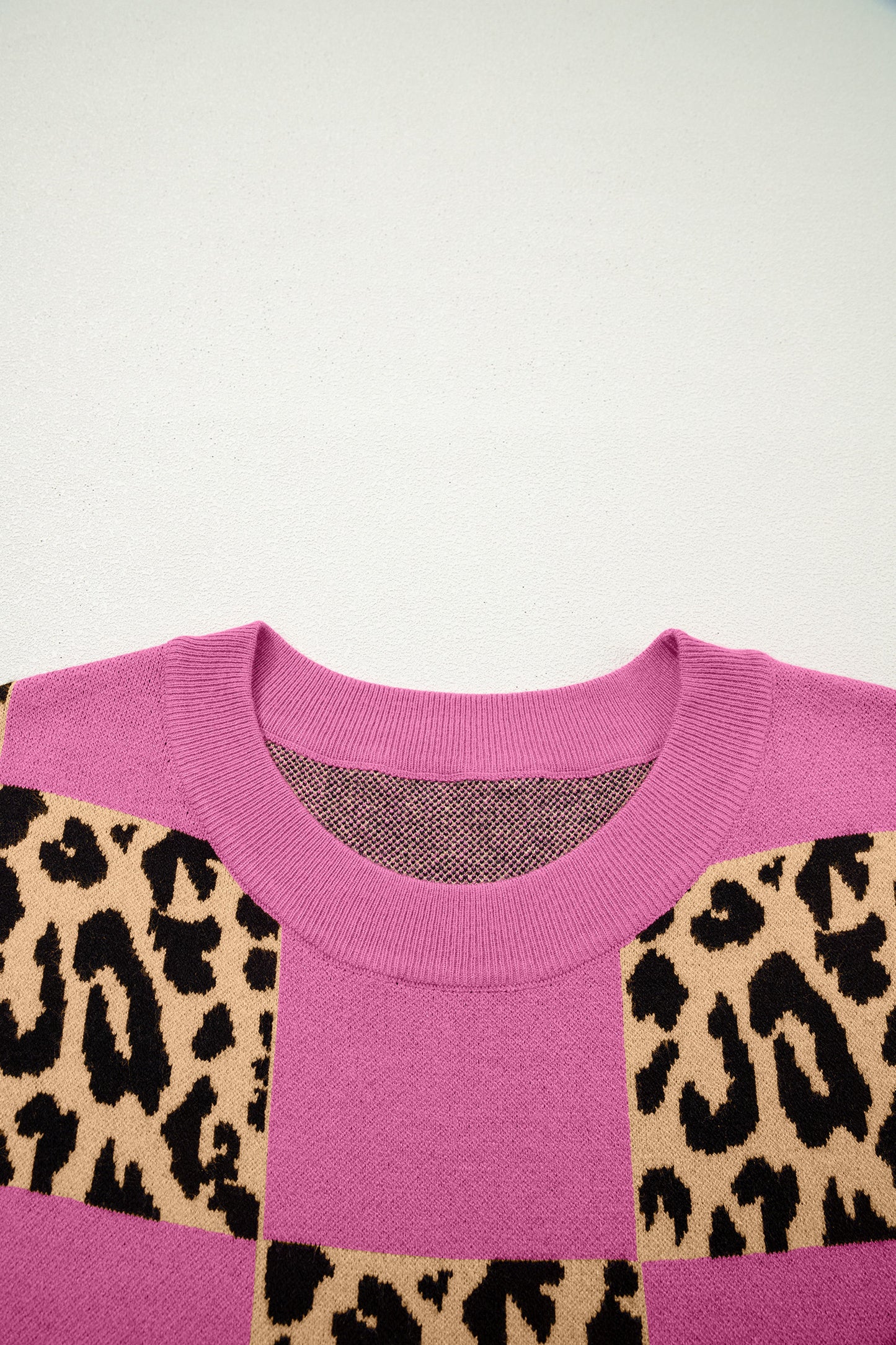 Rose Red Leopard Checkerboard Short Sleeve Knit Sweater-TOPS / DRESSES-[Adult]-[Female]-2022 Online Blue Zone Planet