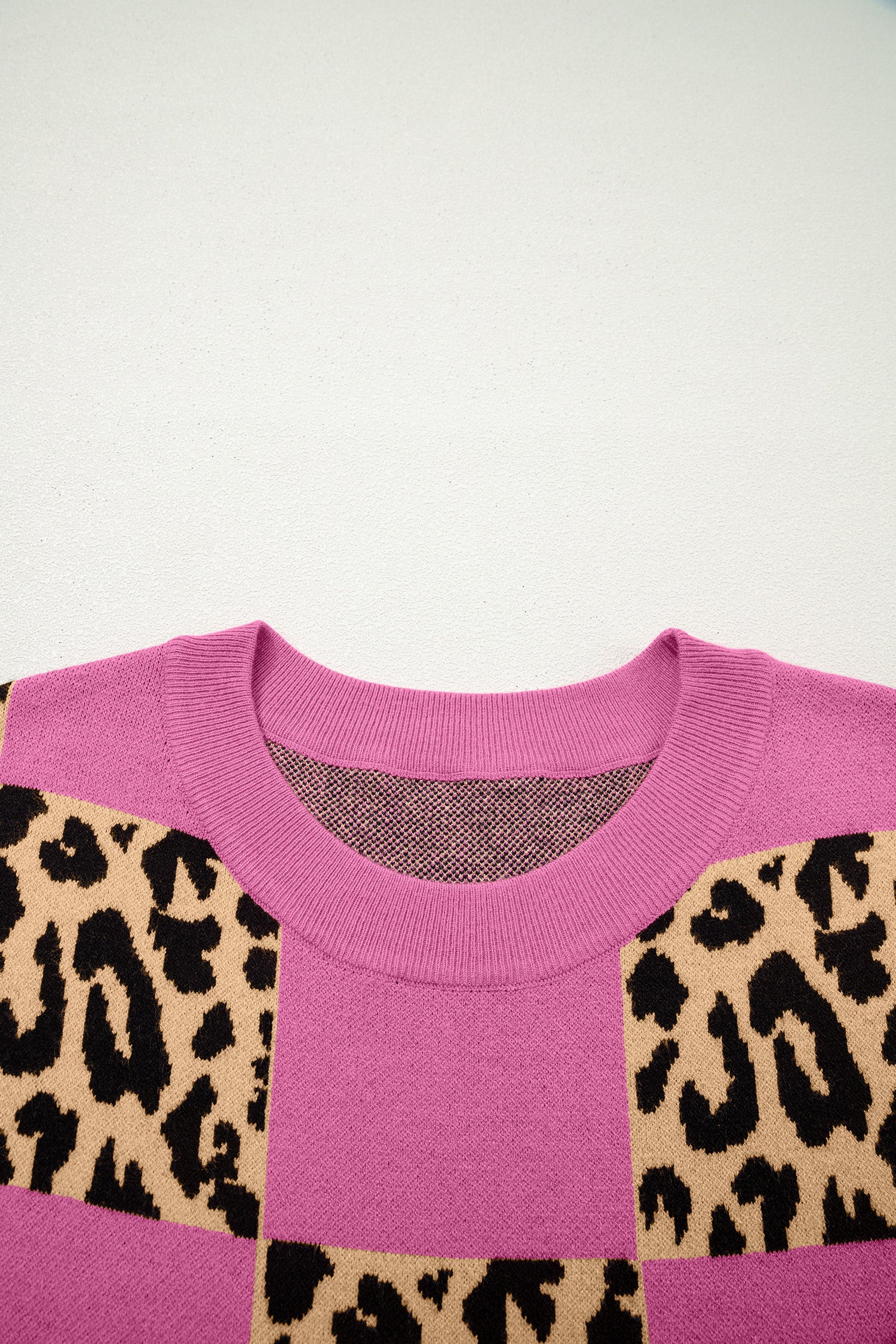 Rose Red Leopard Checkerboard Short Sleeve Knit Sweater-TOPS / DRESSES-[Adult]-[Female]-2022 Online Blue Zone Planet