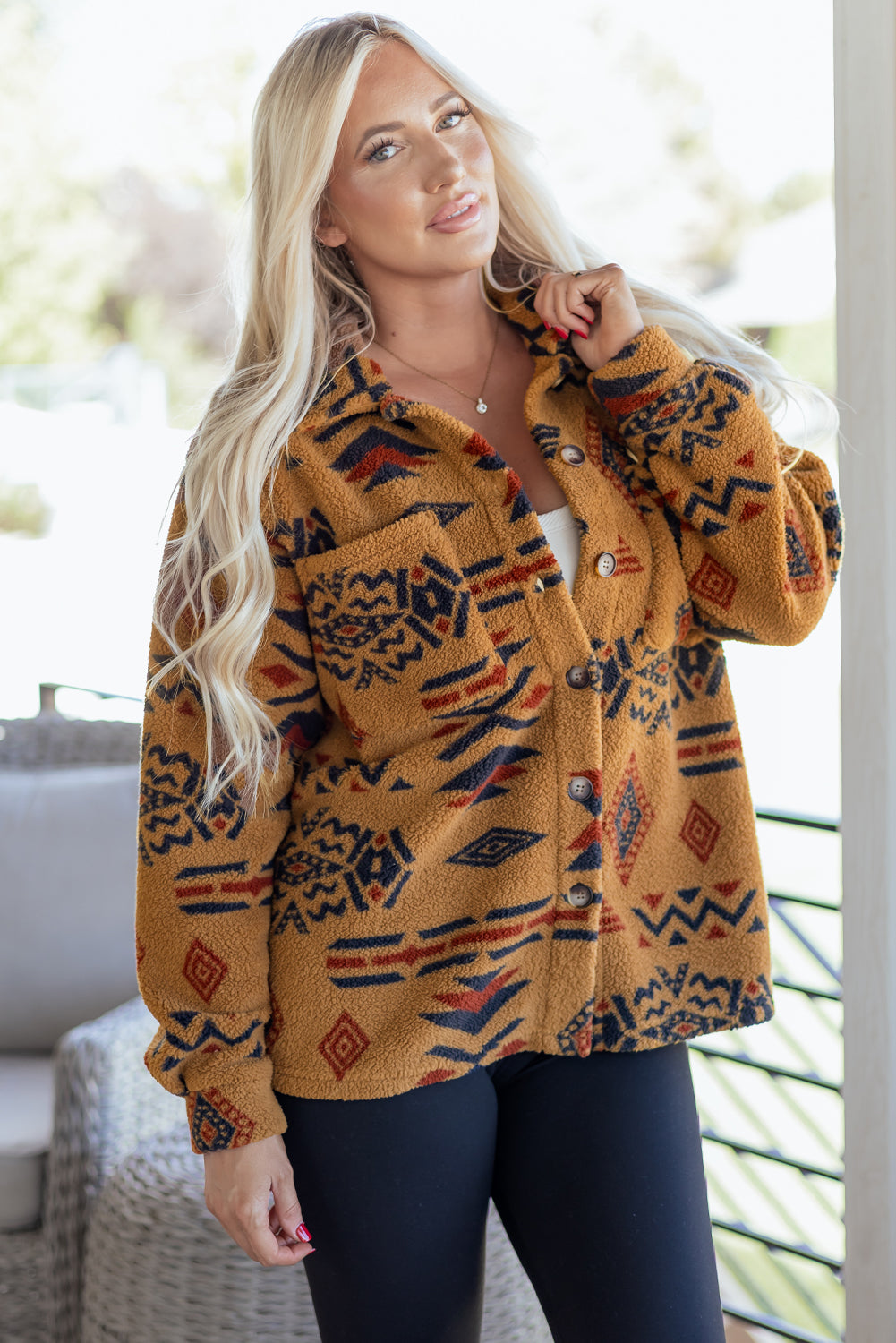 Khaki Western Aztec Pattern Fleece Shacket-TOPS / DRESSES-[Adult]-[Female]-2022 Online Blue Zone Planet
