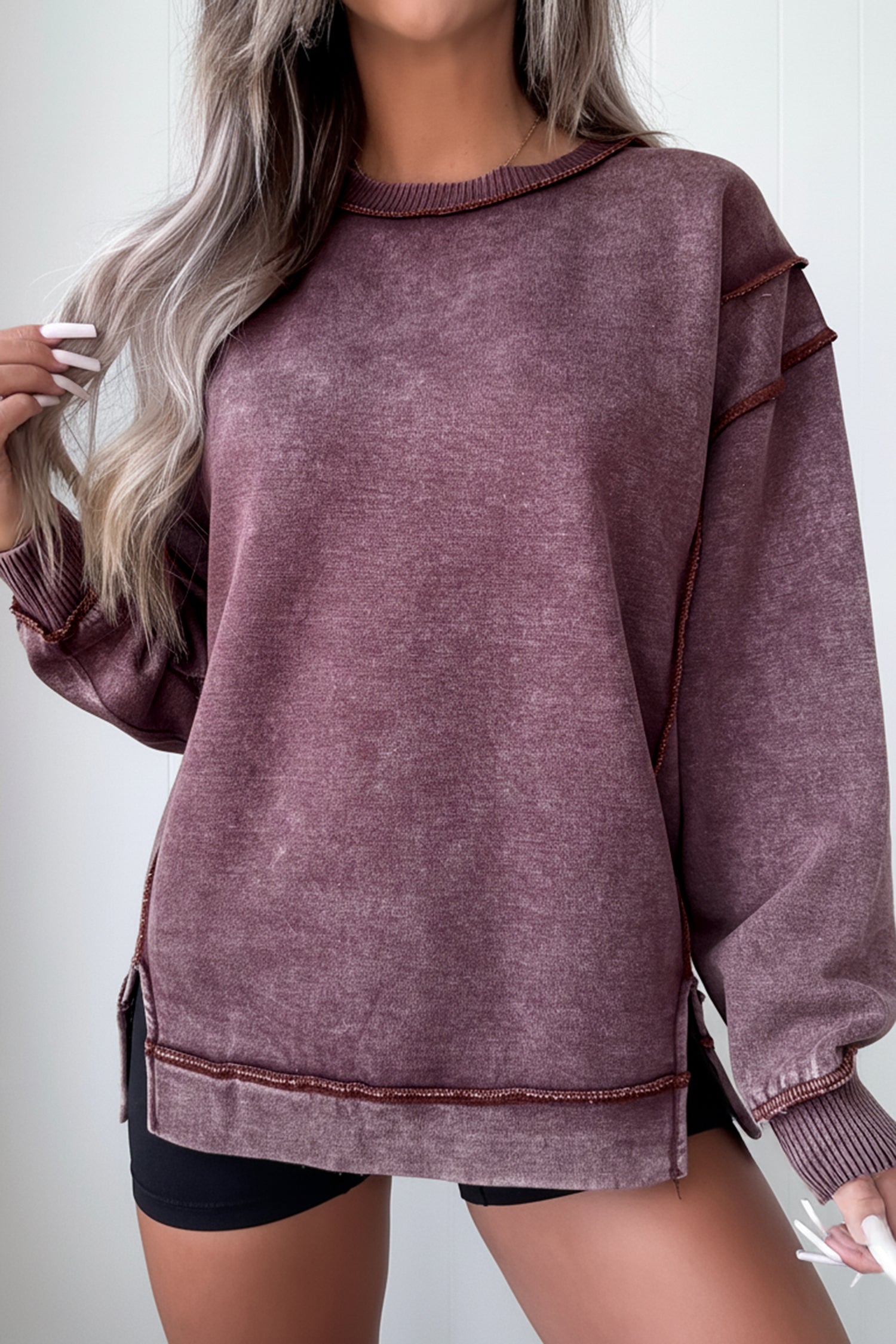 Red Sandalwood Mineral Wash Exposed Seam Side Slit Sweatshirt-Tops/Sweatshirts & Hoodies-[Adult]-[Female]-Red Sandalwood-S-2022 Online Blue Zone Planet