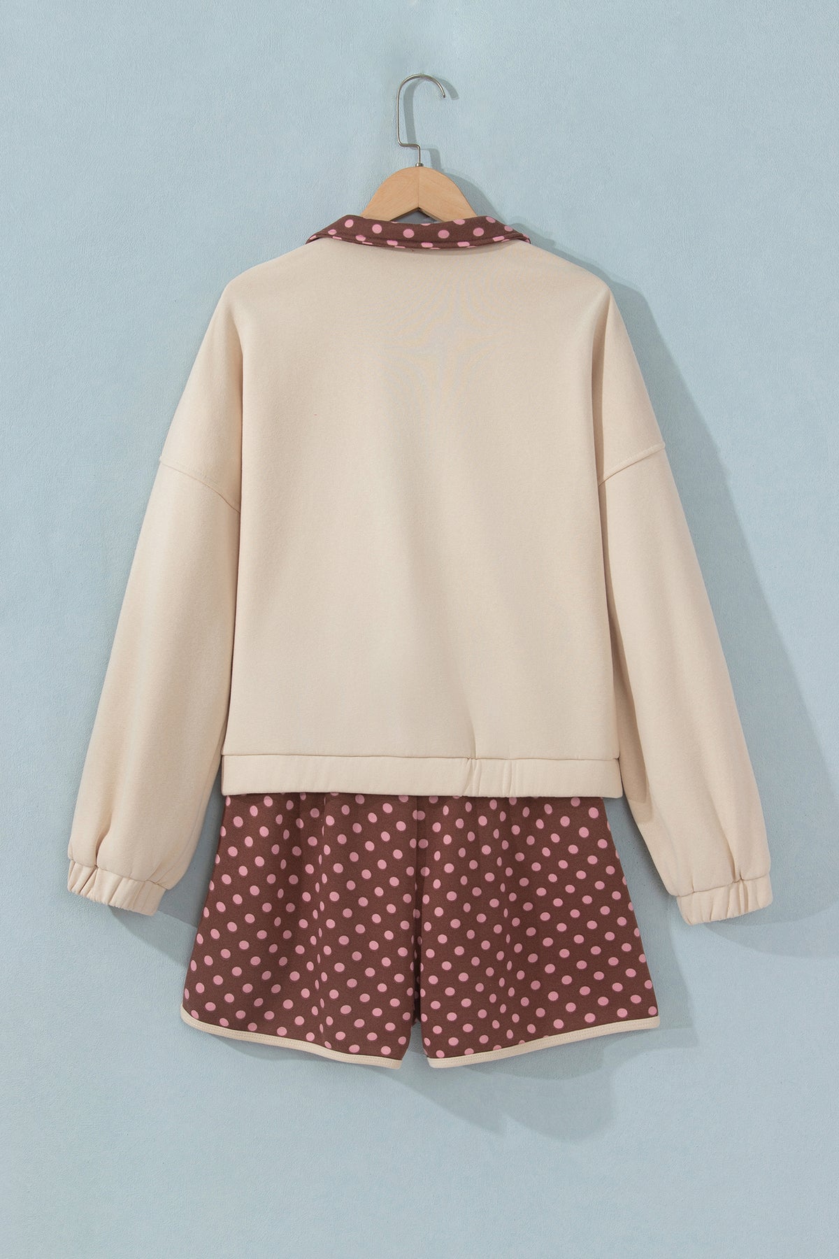 Brown Polka Dot Contrast Baggy Pullover and Elastic Waist Shorts 2pcs Set-Two Piece Sets/Short Sets-[Adult]-[Female]-2022 Online Blue Zone Planet