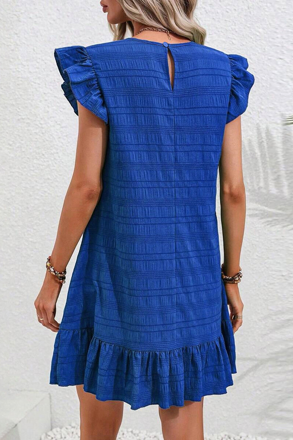 Dark Blue Textured Flutter Sleeve Ruffled Mini Dress-Dresses/Mini Dresses-[Adult]-[Female]-2022 Online Blue Zone Planet